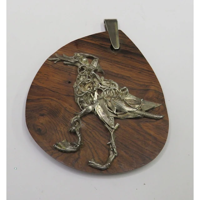 Large Vintage Pendant, teak wood with abstract white metal b...