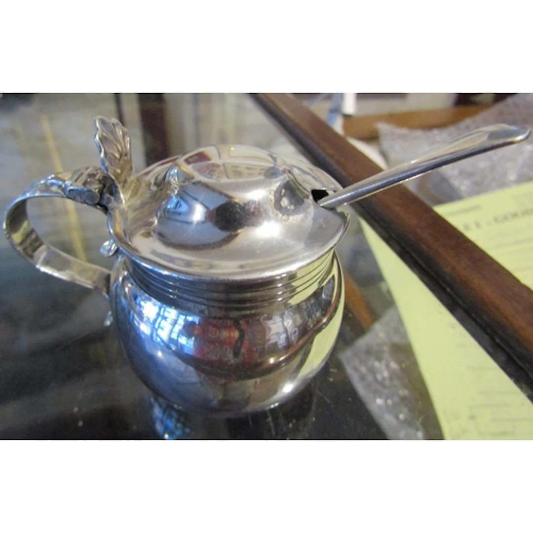 Silver Mustard Pot with Condiment Spoon Hinged Cover Irish S...