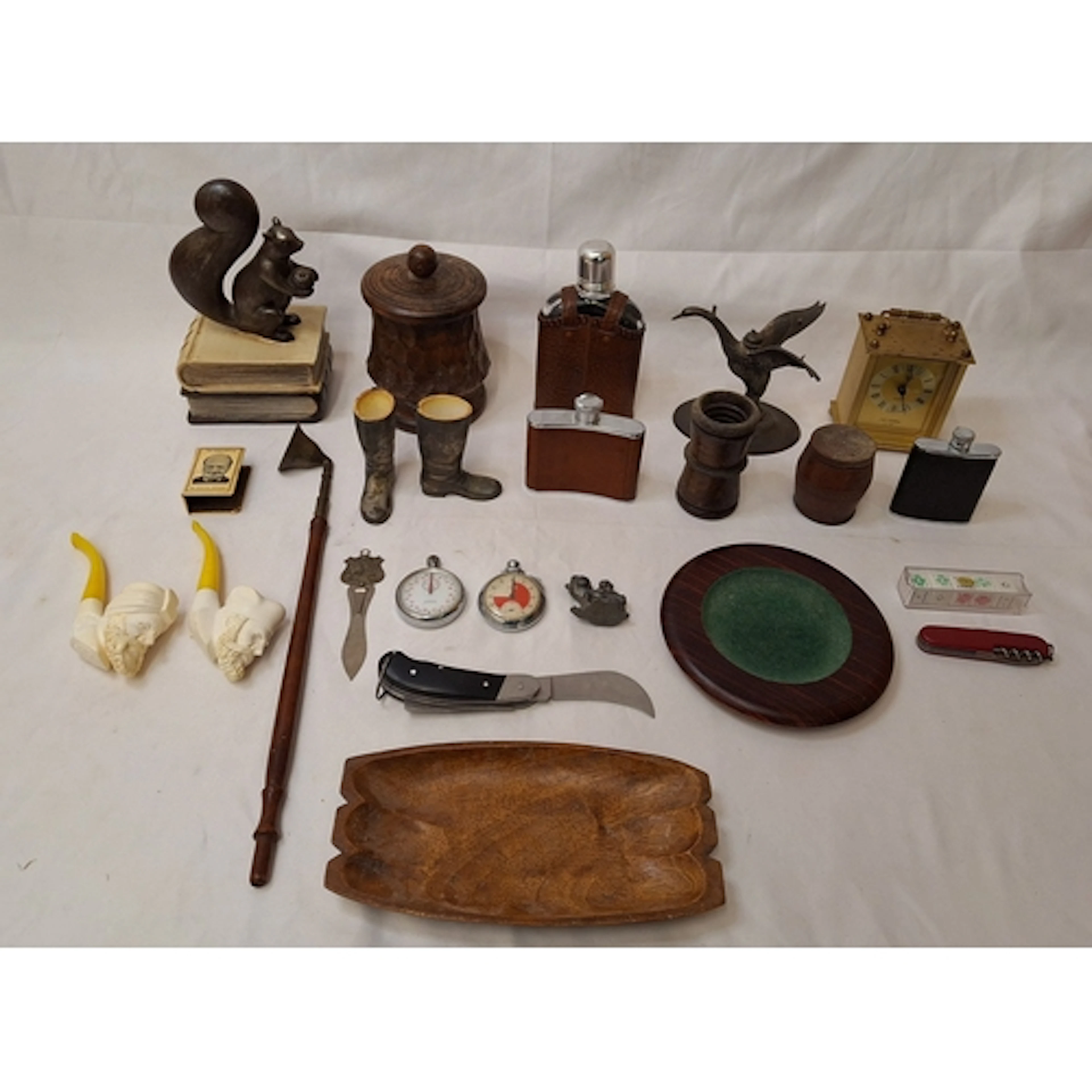 Hip Flasks, Carriage Clock, metal boots, 2 stop watches, woo...