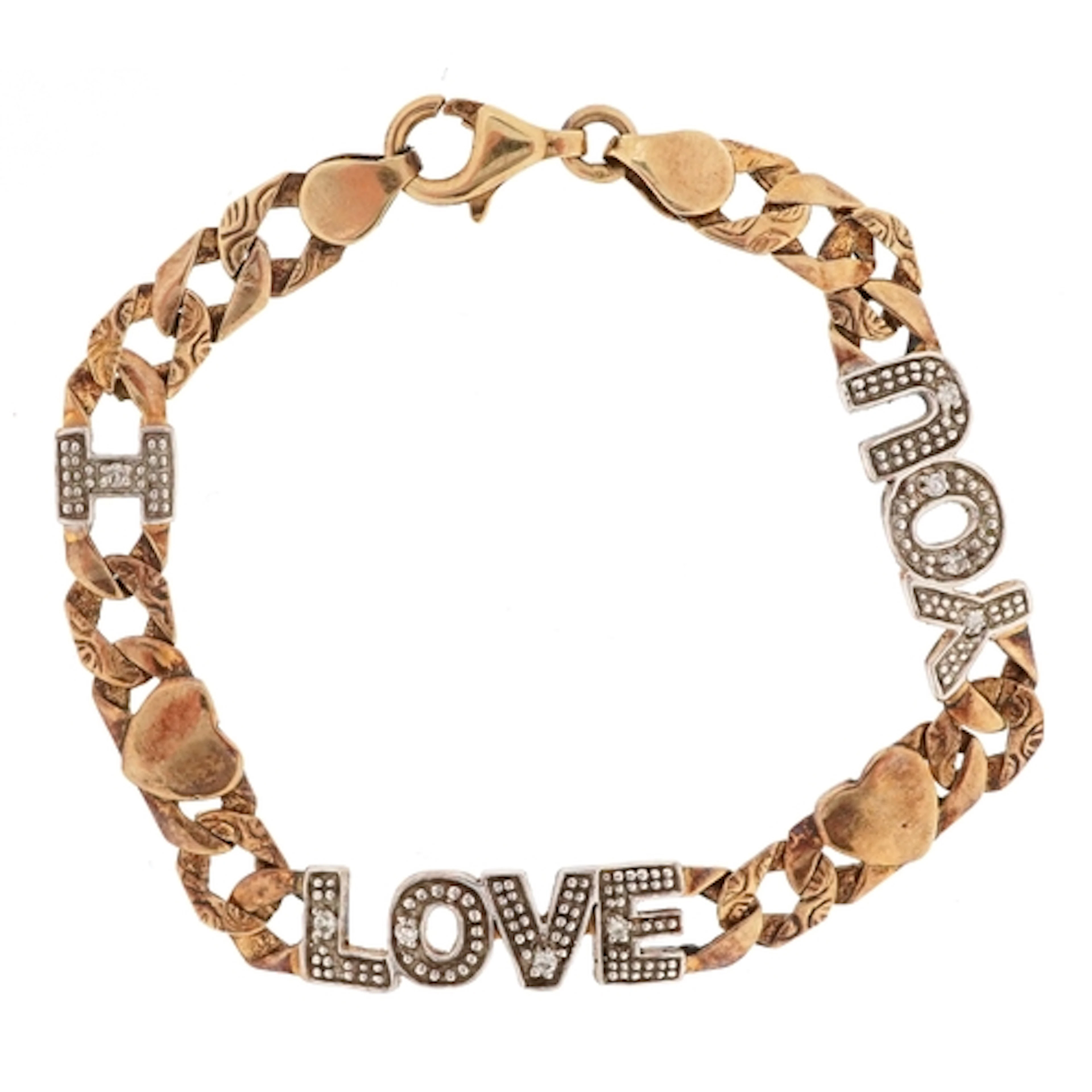 Silver gilt curb link and love heart I Love You bracelet, 18...