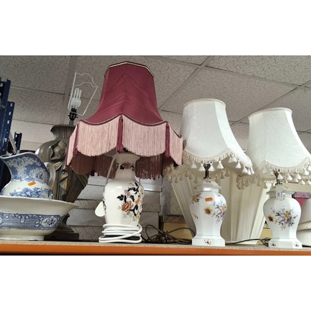 A GROUP OF TABLE LAMPS AND WASH BOWL AND JUG, to include a b...