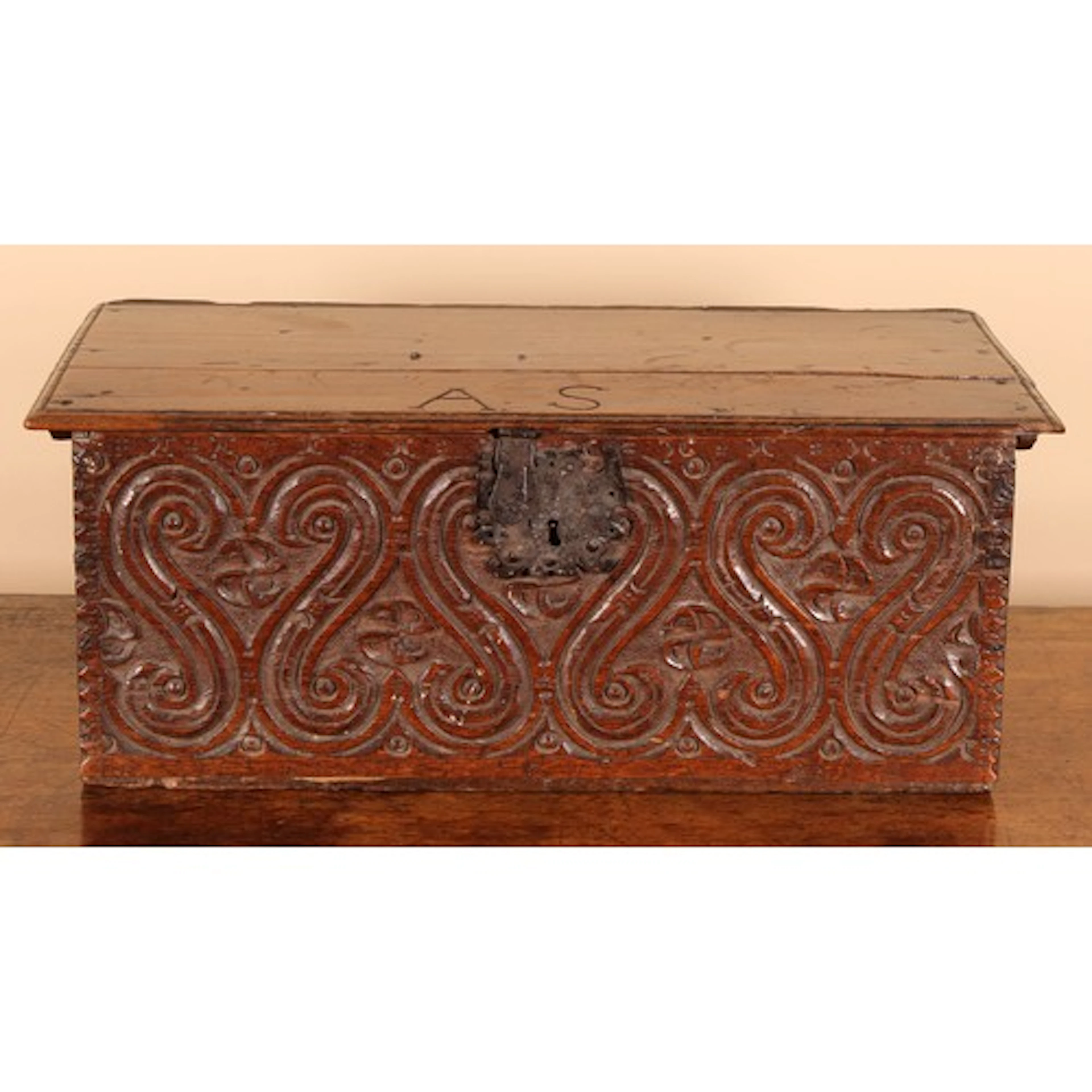 A Charles II oak boarded six-plank boarded table box, hinged...