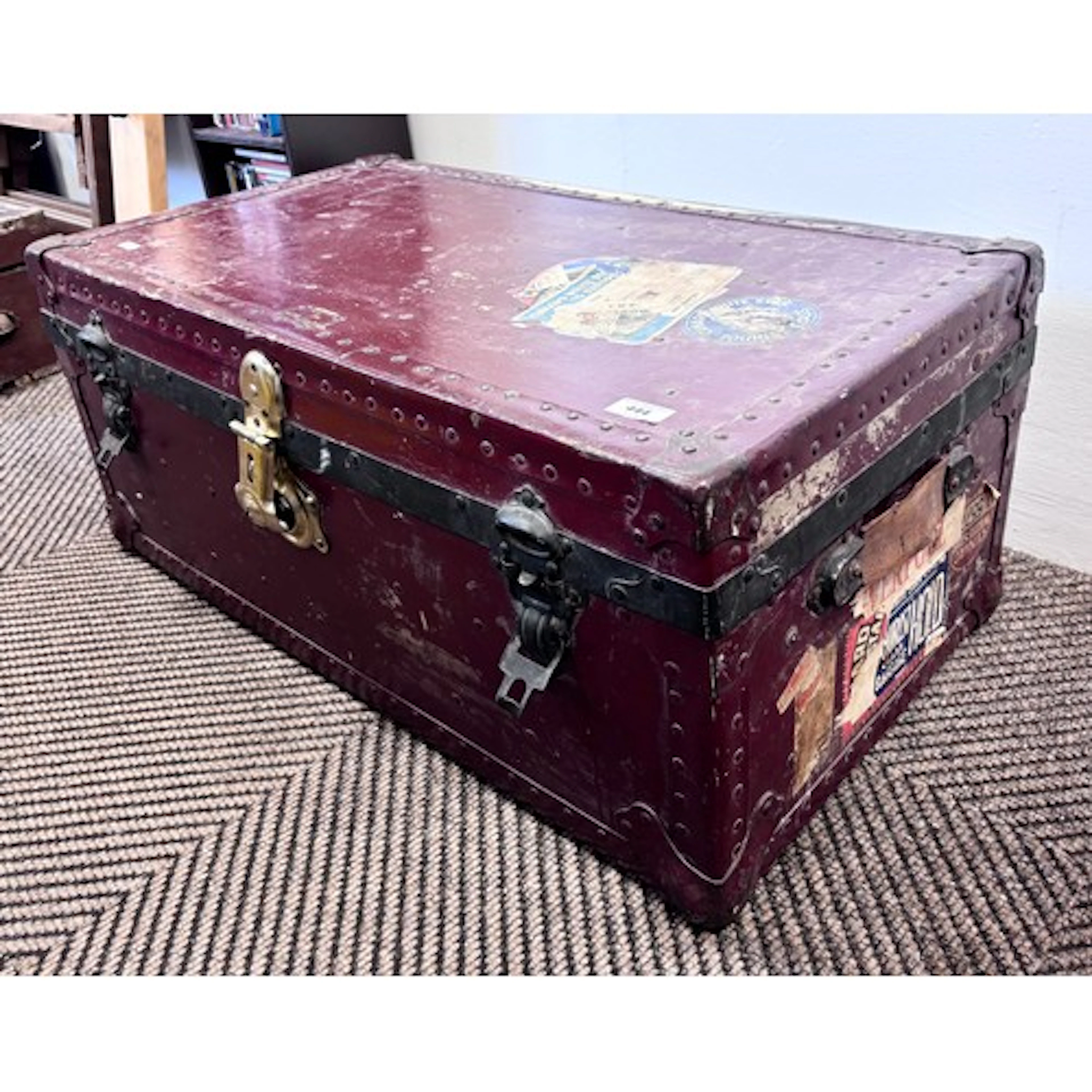 Metal bound travel trunk, with Cunard label, a music stand a...