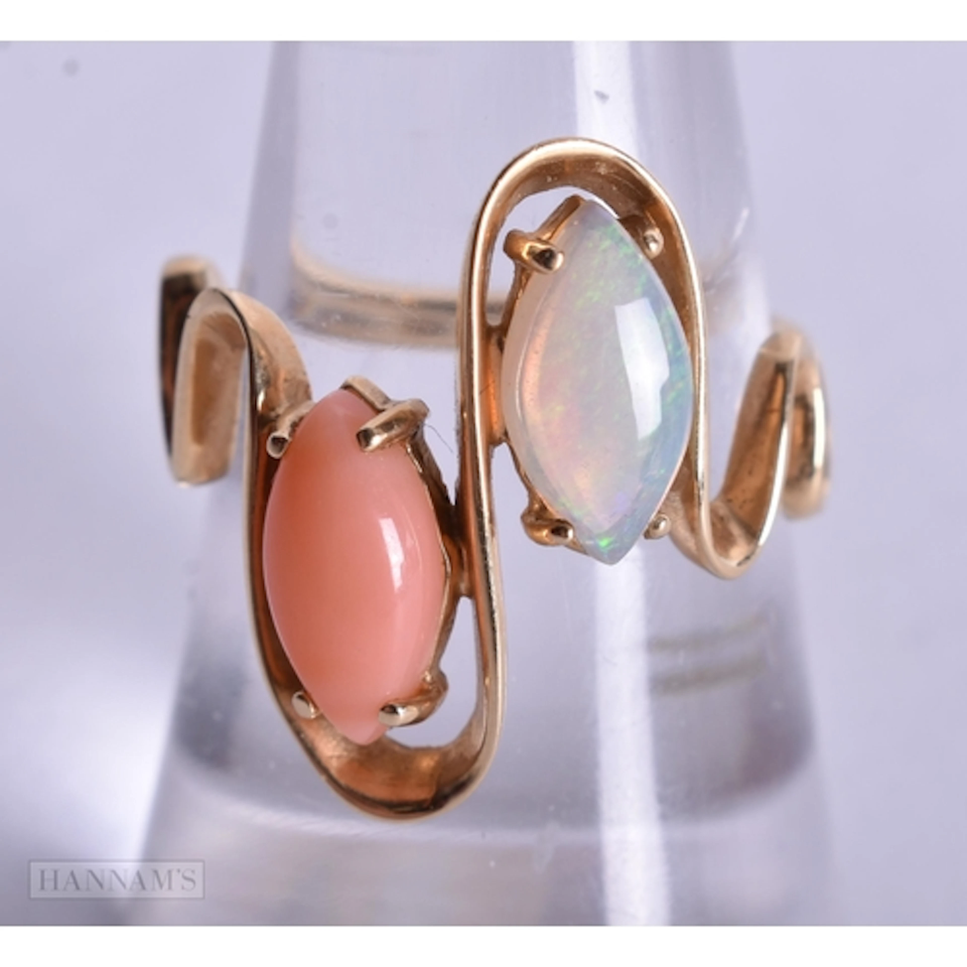 14ct gold opal coral bypass ring (3.3g). N 1/2.