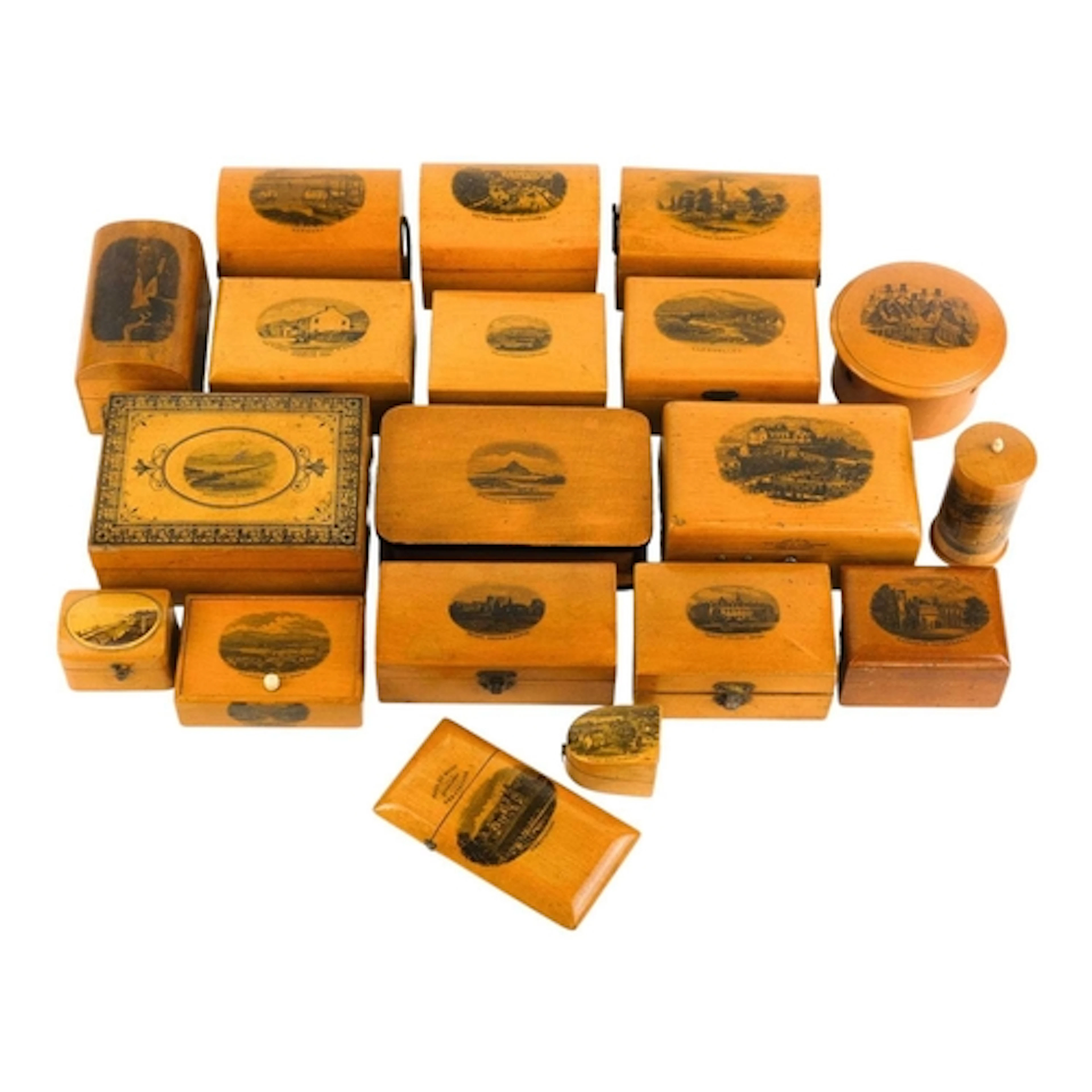 A collection of Mauchline Ware boxes. Various designs, inclu...