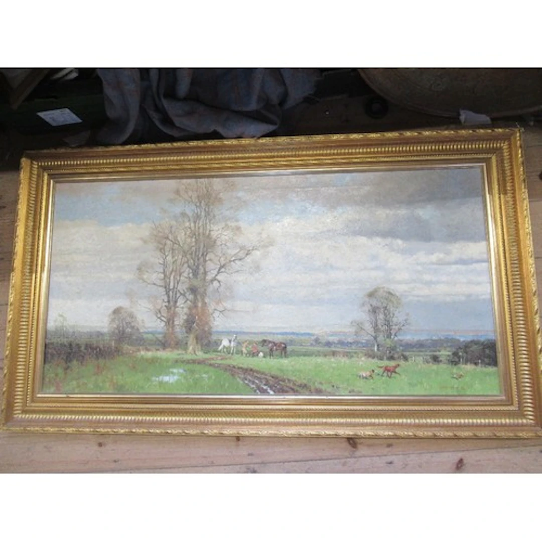 C Jennings, oil on canvas, rural hunting scene, 25ins x 50in...