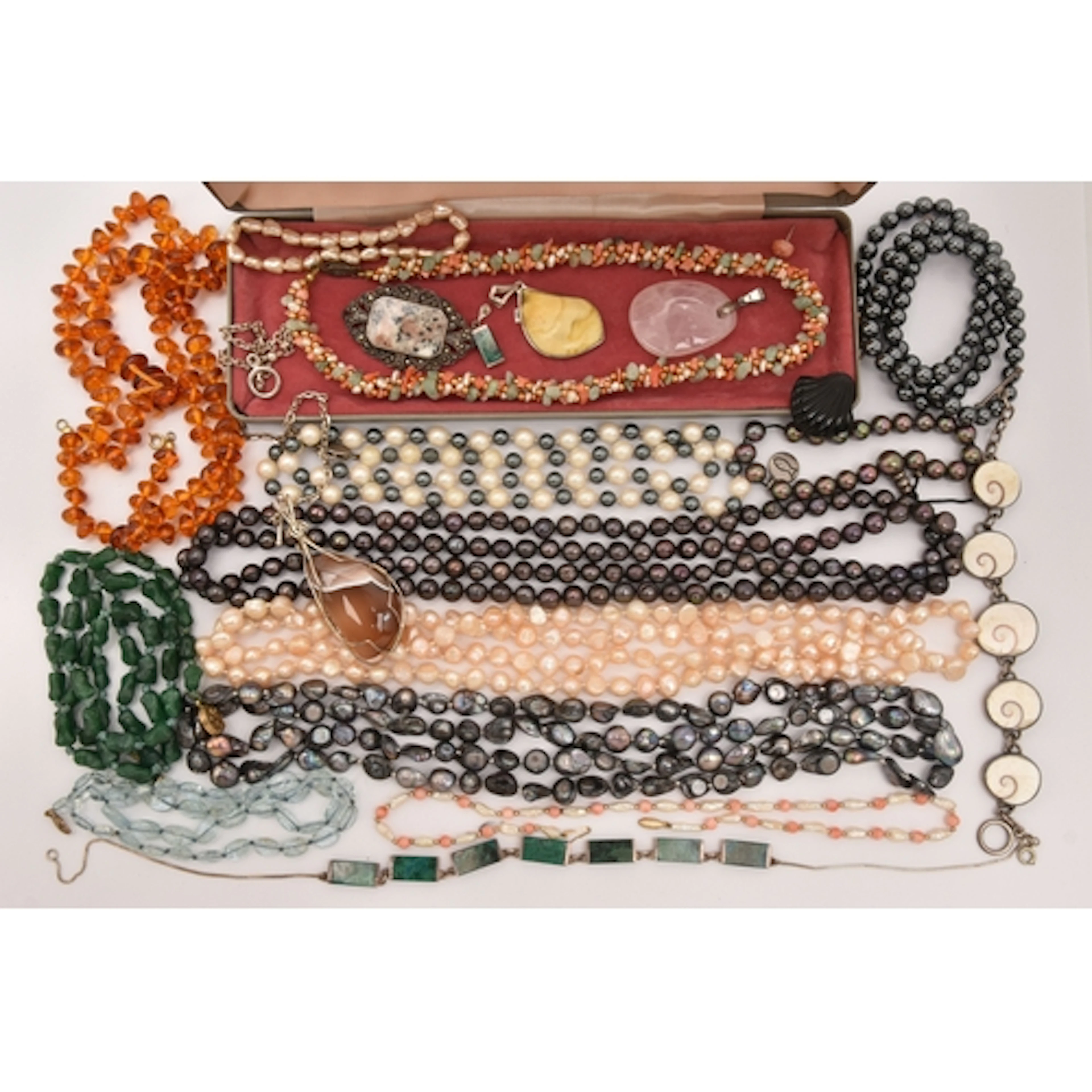 AN ASSORTMENT OF SEMI-PRECIOUS GEMSTONE JEWELLERY, to includ...