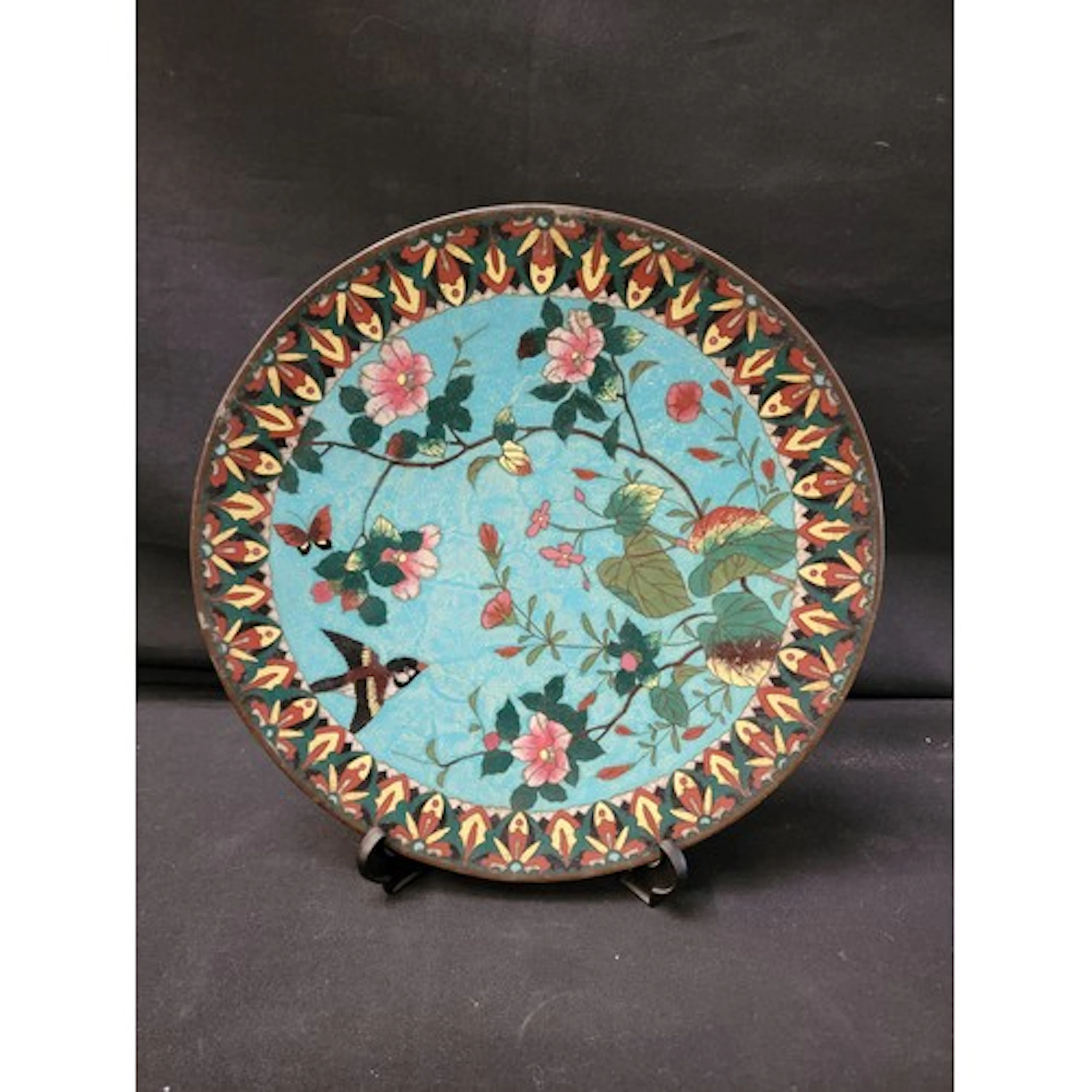 JAPANESE MEIJI CLOISONNE PLATE decorated with Swallow and bu...