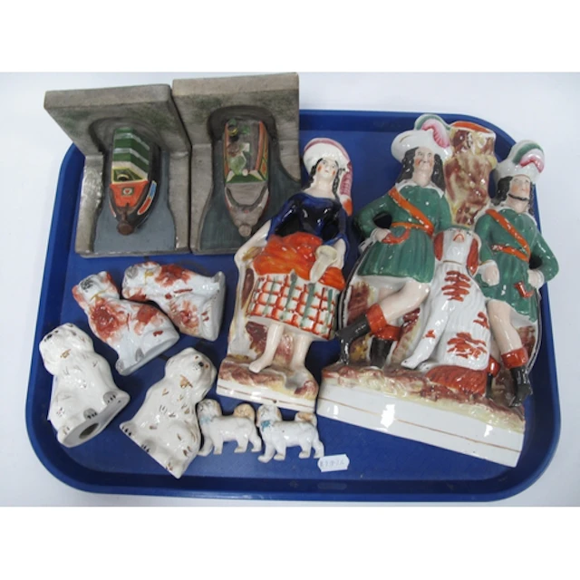 Staffordshire Flat Back Figures & Dogs, varying sizes, barge...