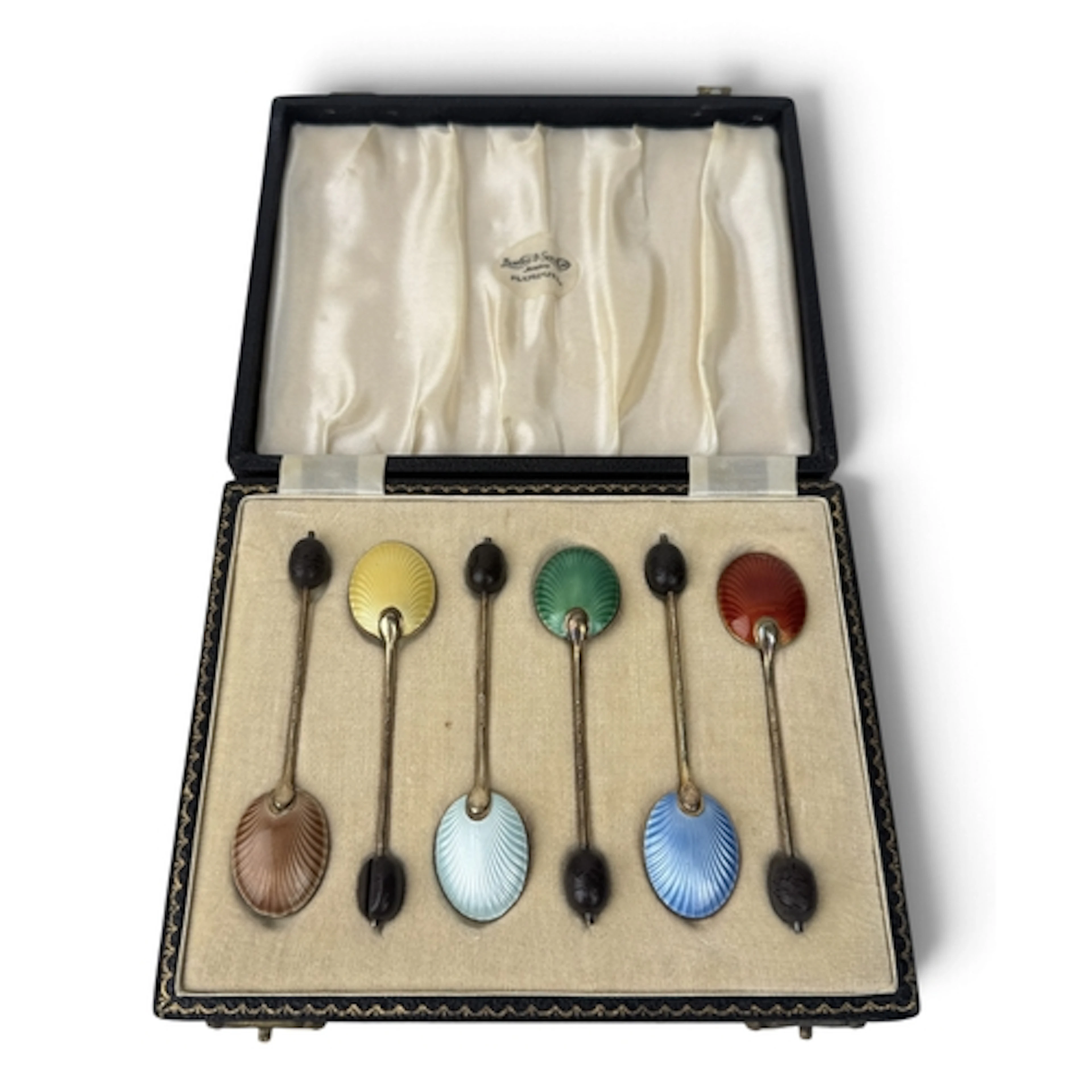 A SET OF SILVER GUILLOCHE ENAMEL SPOONS Total weight: 48gms ...