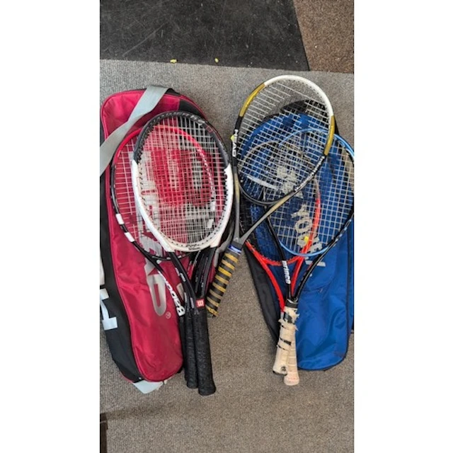A group of tennis rackets including Head, Prince, Babolat an...