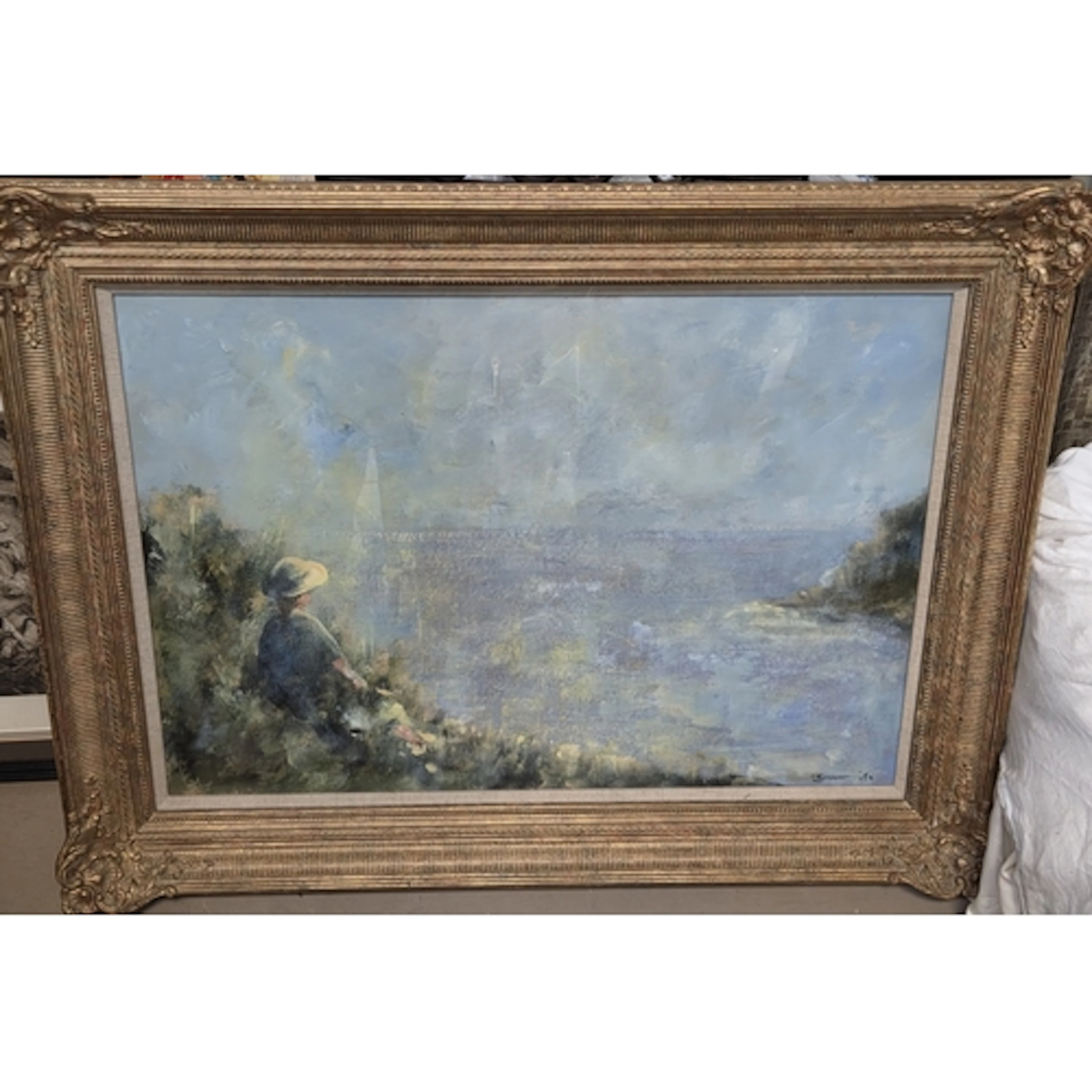 20th Century Impressionist: landscape with girl seated on a ...