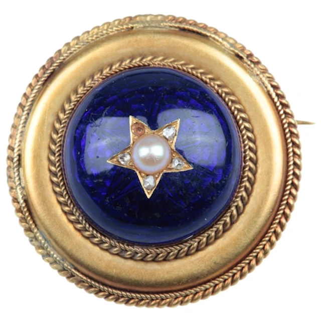 A Victorian enamel, pearl and diamond brooch, mid 19th centu...