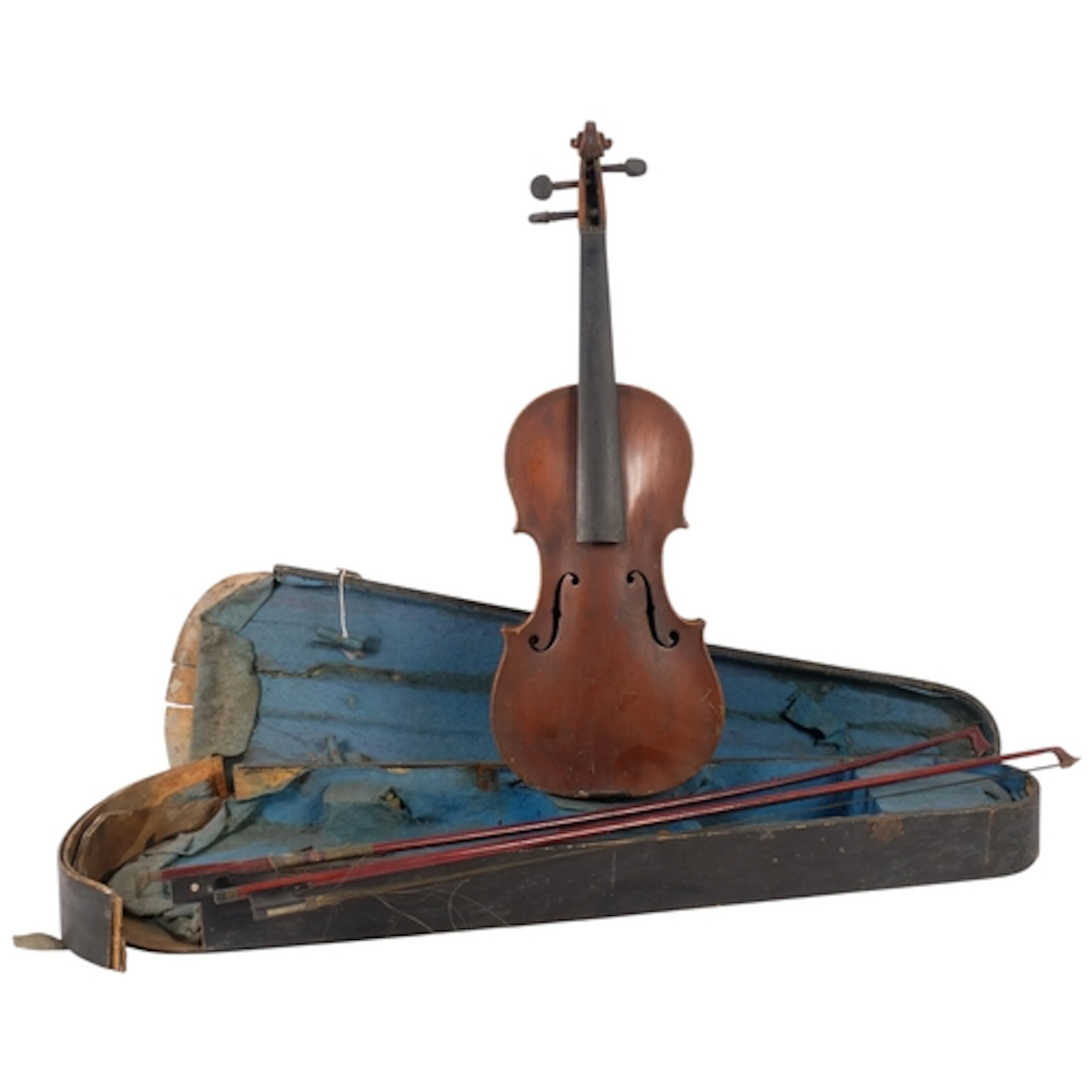 An Antique cased violin, with bow and spare (A/F)