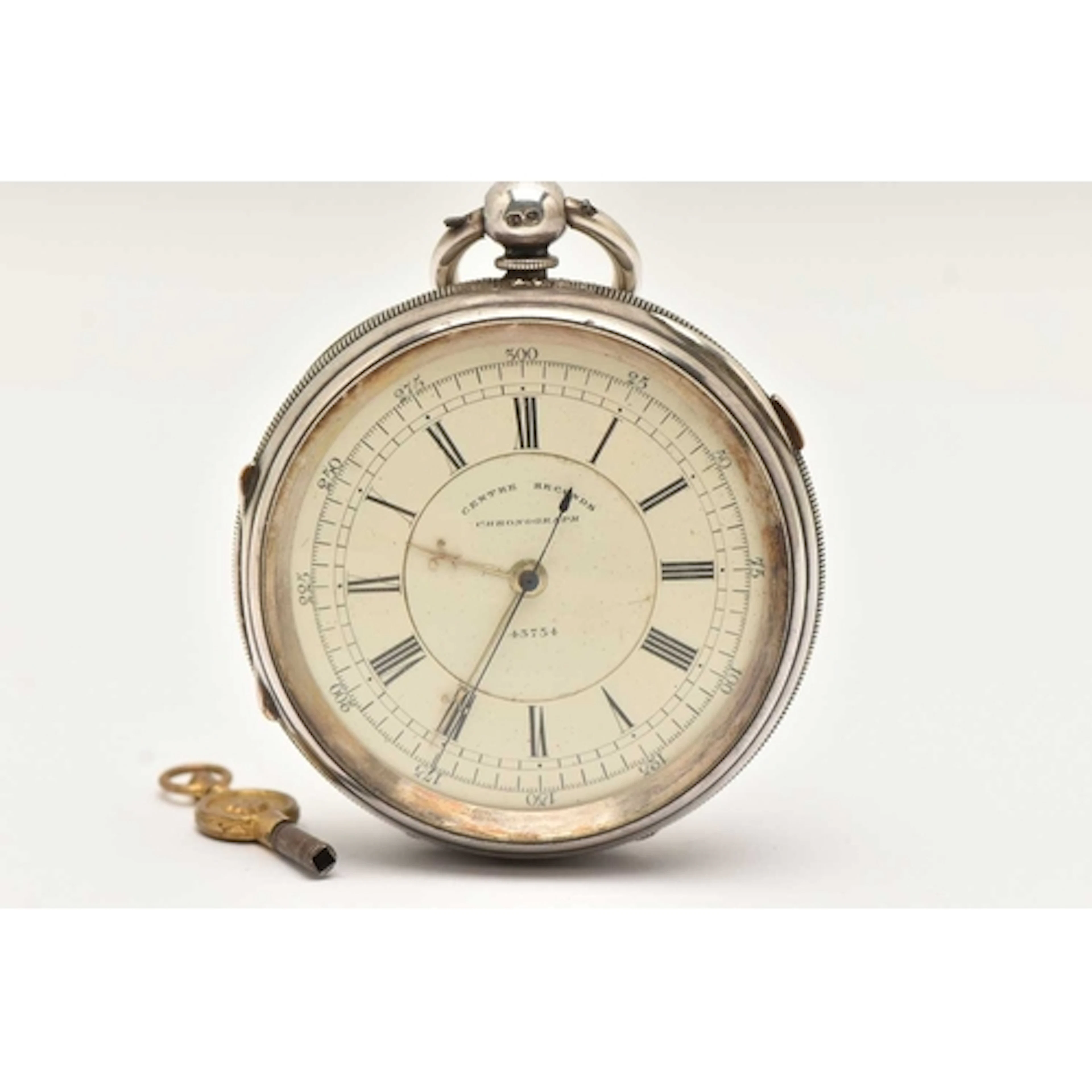 A SILVER CENTRE SECONDS CHRONOGRAPH OPEN FACE POCKET WATCH, ...