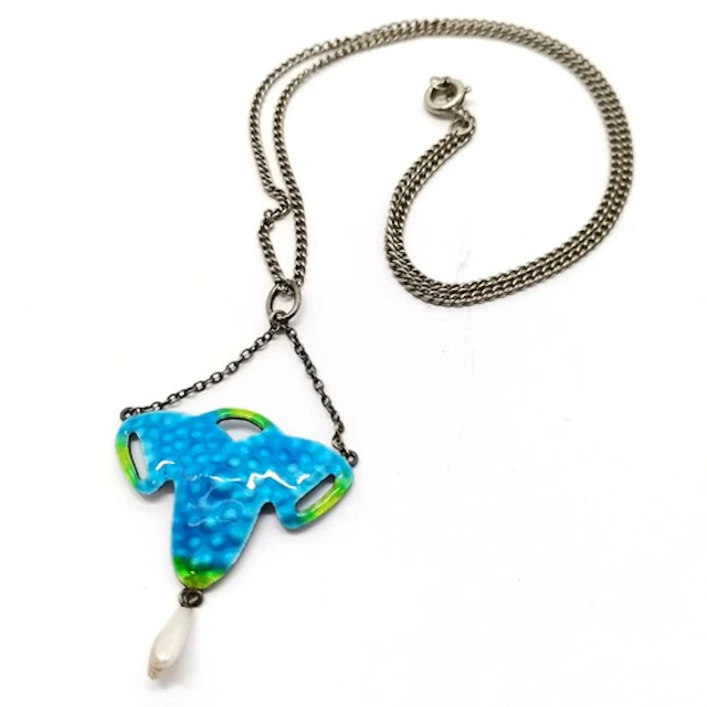 Antique silver marked Art Nouveau enamel pendant with freshw...