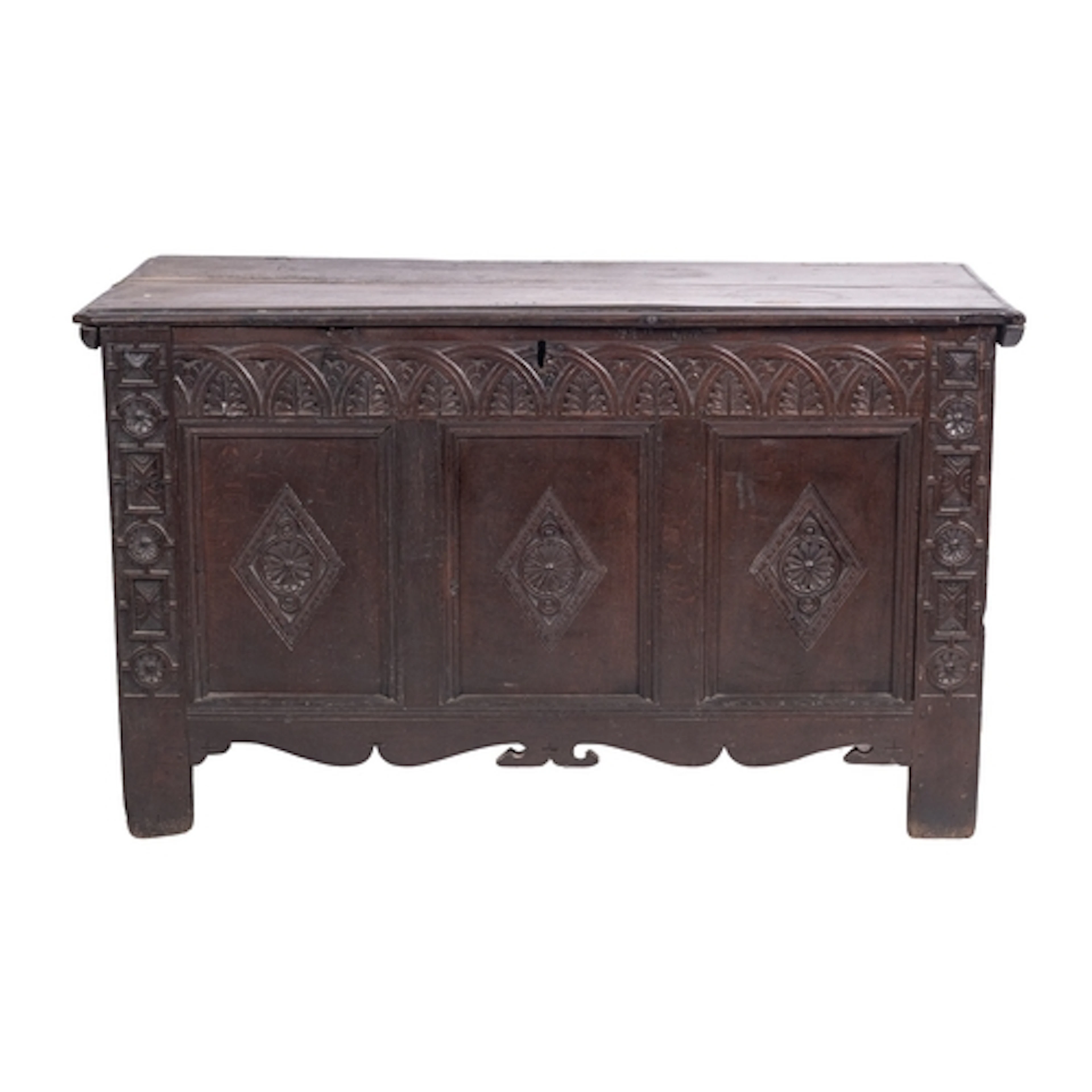 An oak coffer, late 17th /early 18th century; the hinged rec...