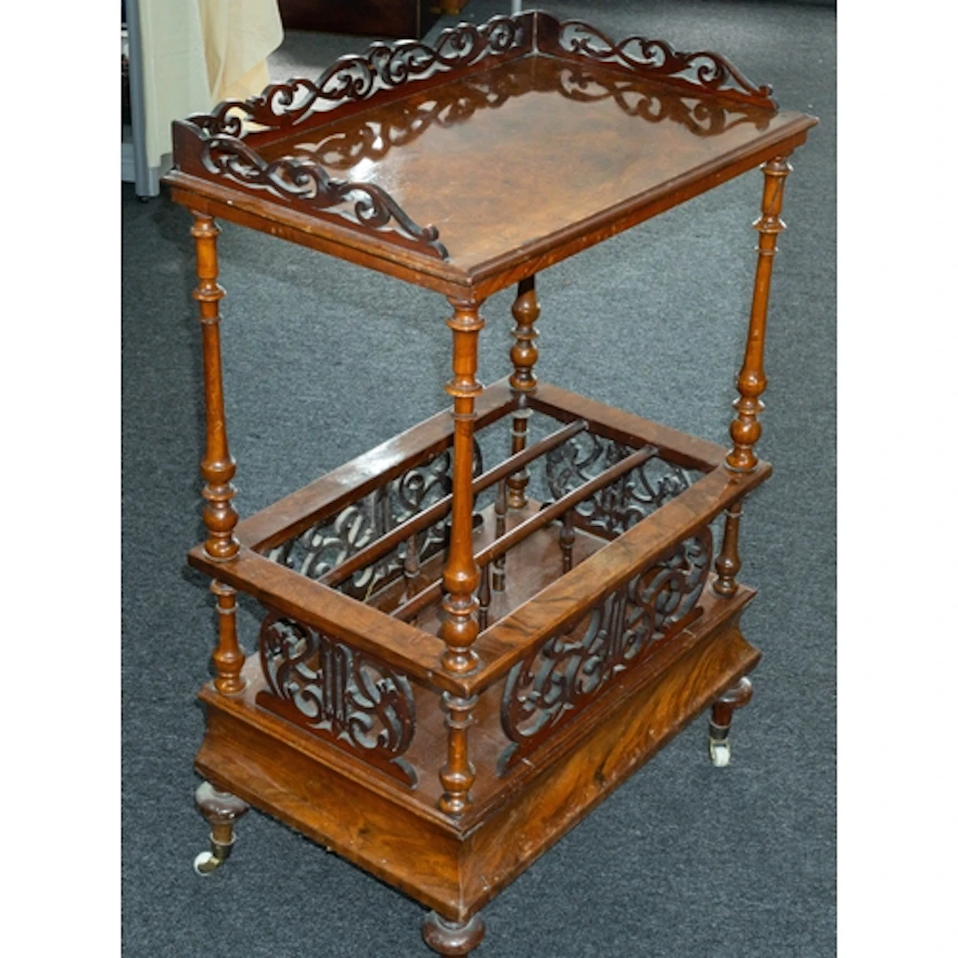 A figured walnut canterbury or whatnot, 19th century, with f...
