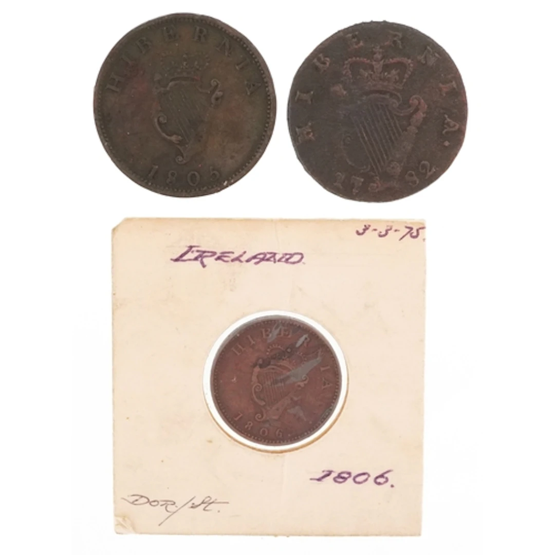 Three Irish Hibernia copper coins comprising two George III ...