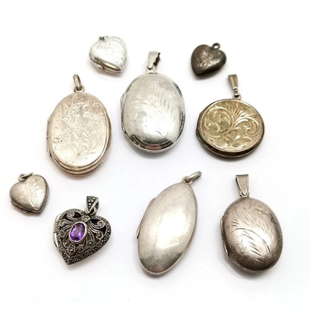 9 x silver lockets inc heart shape set with marcasite & amet...