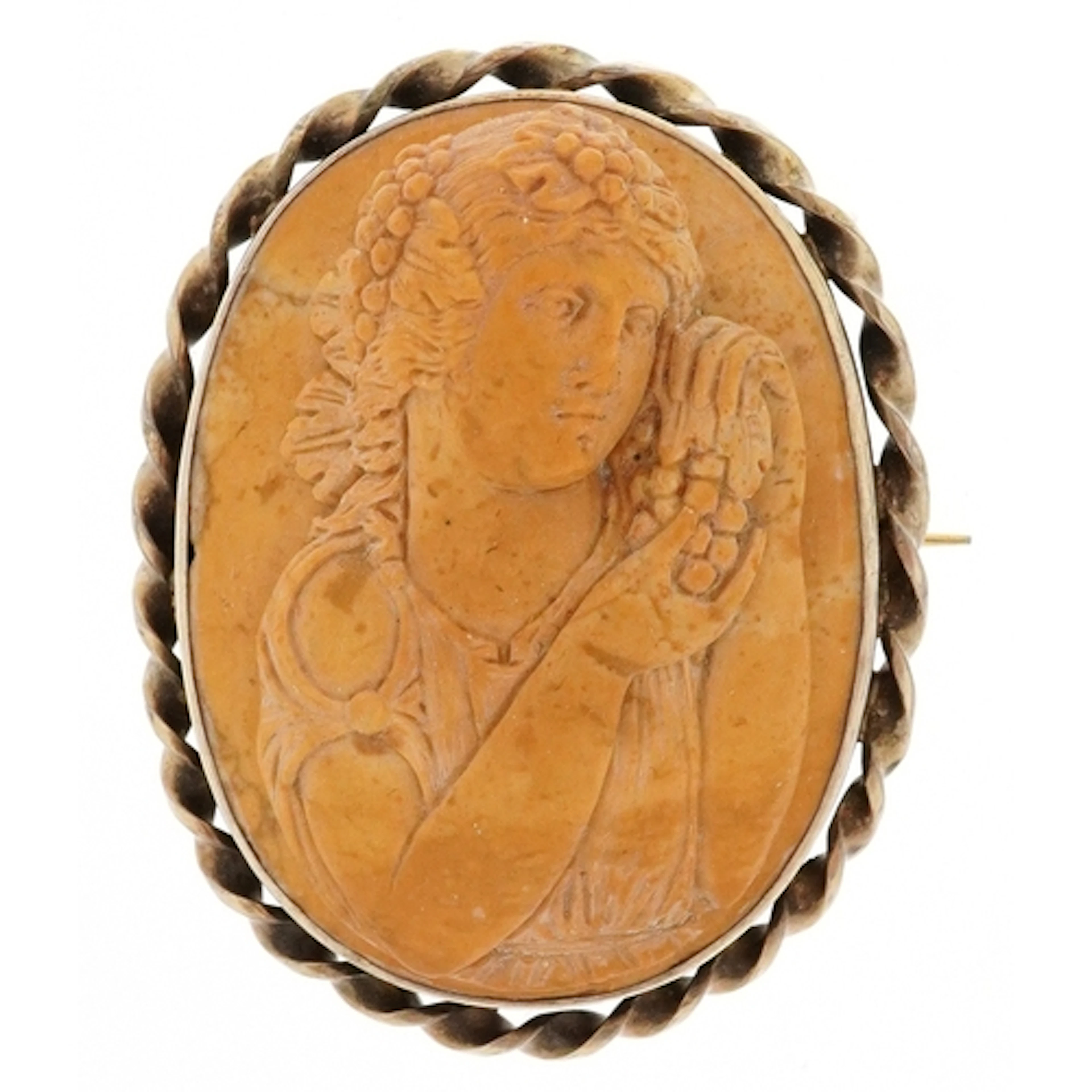 Victorian lava cameo brooch carved with a female holding fru...