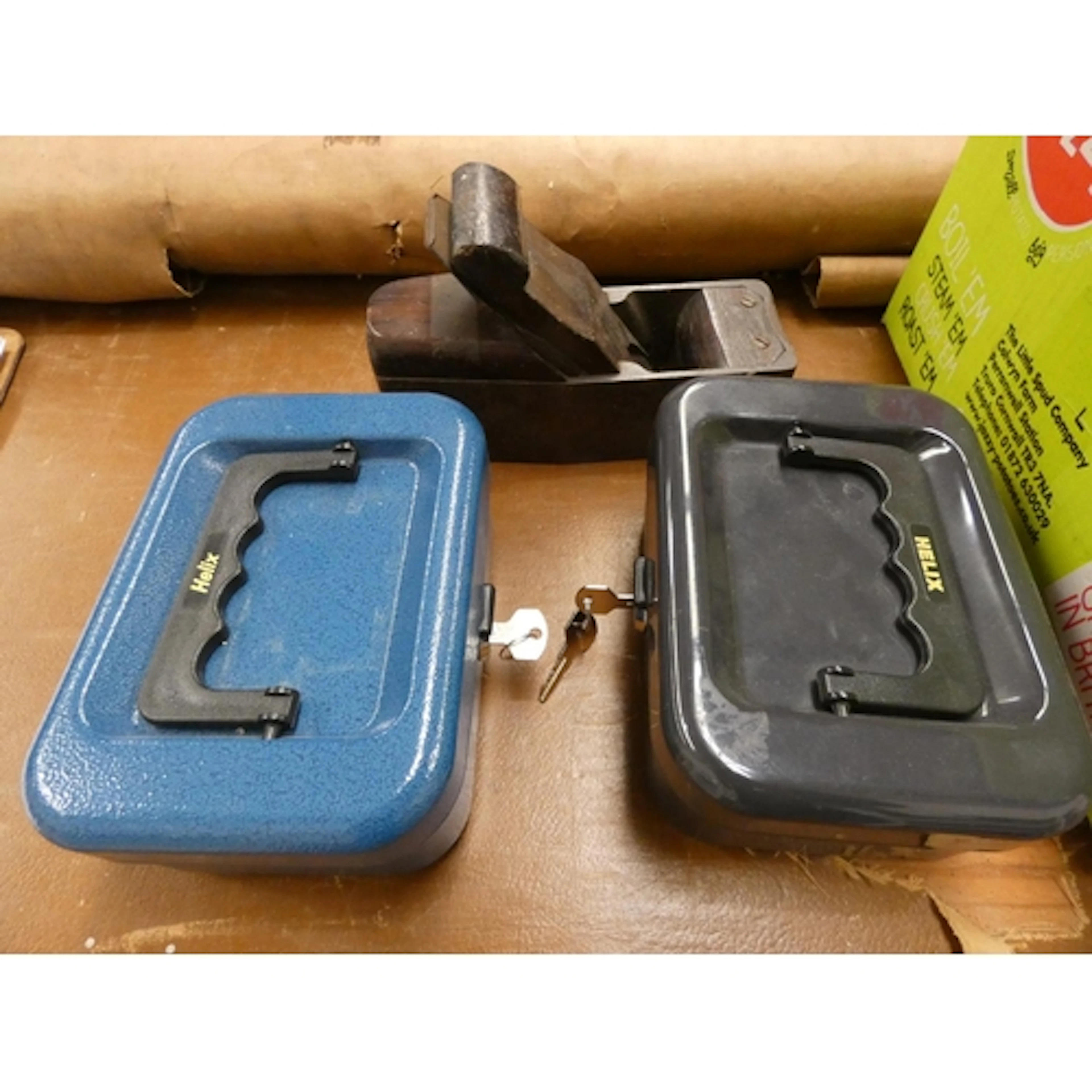 Sheffield wood plane, two cash tins, Bialetti coffee pot etc...