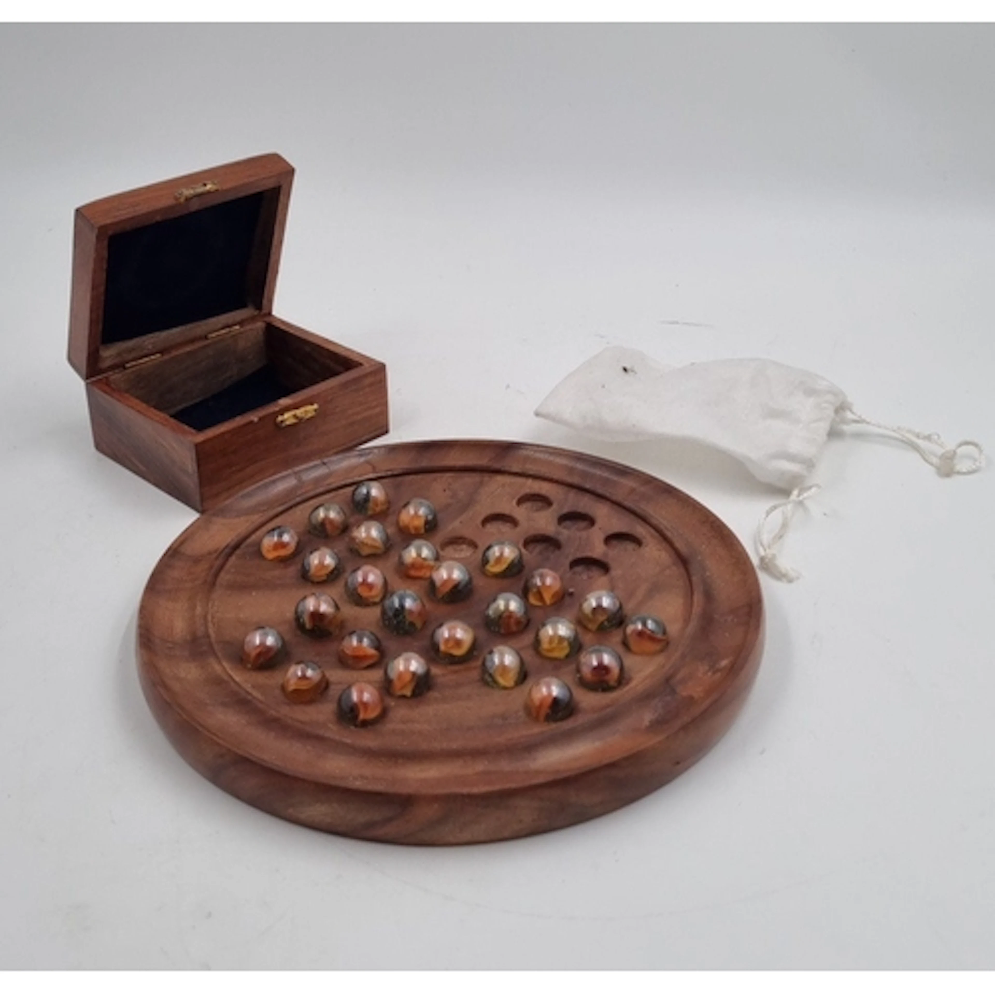 Wood Solitaire Board Game with Glass Marbles and Box, Diamet...