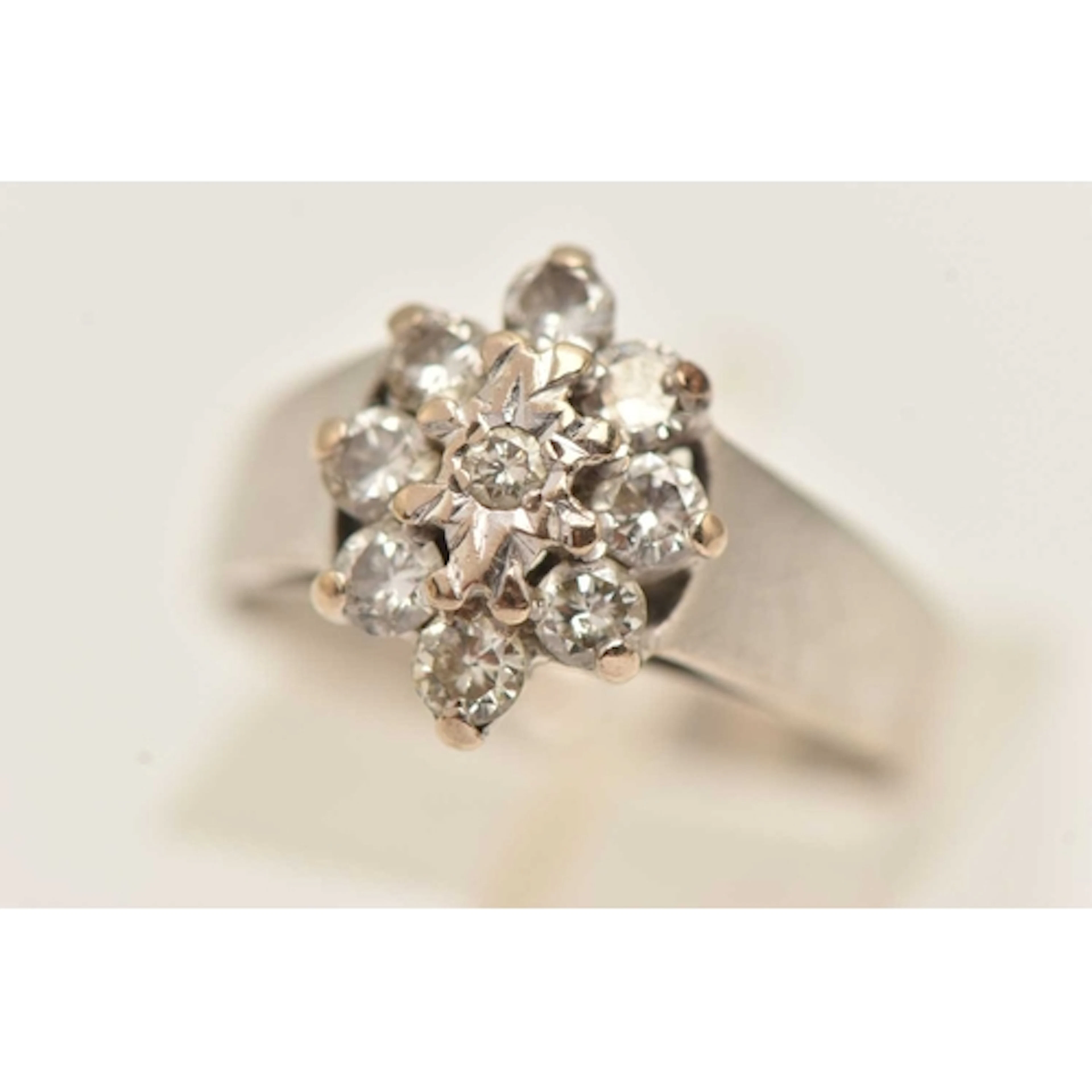 A 18CT WHITE GOLD DIAMOND CLUSTER RING, nine round brilliant...