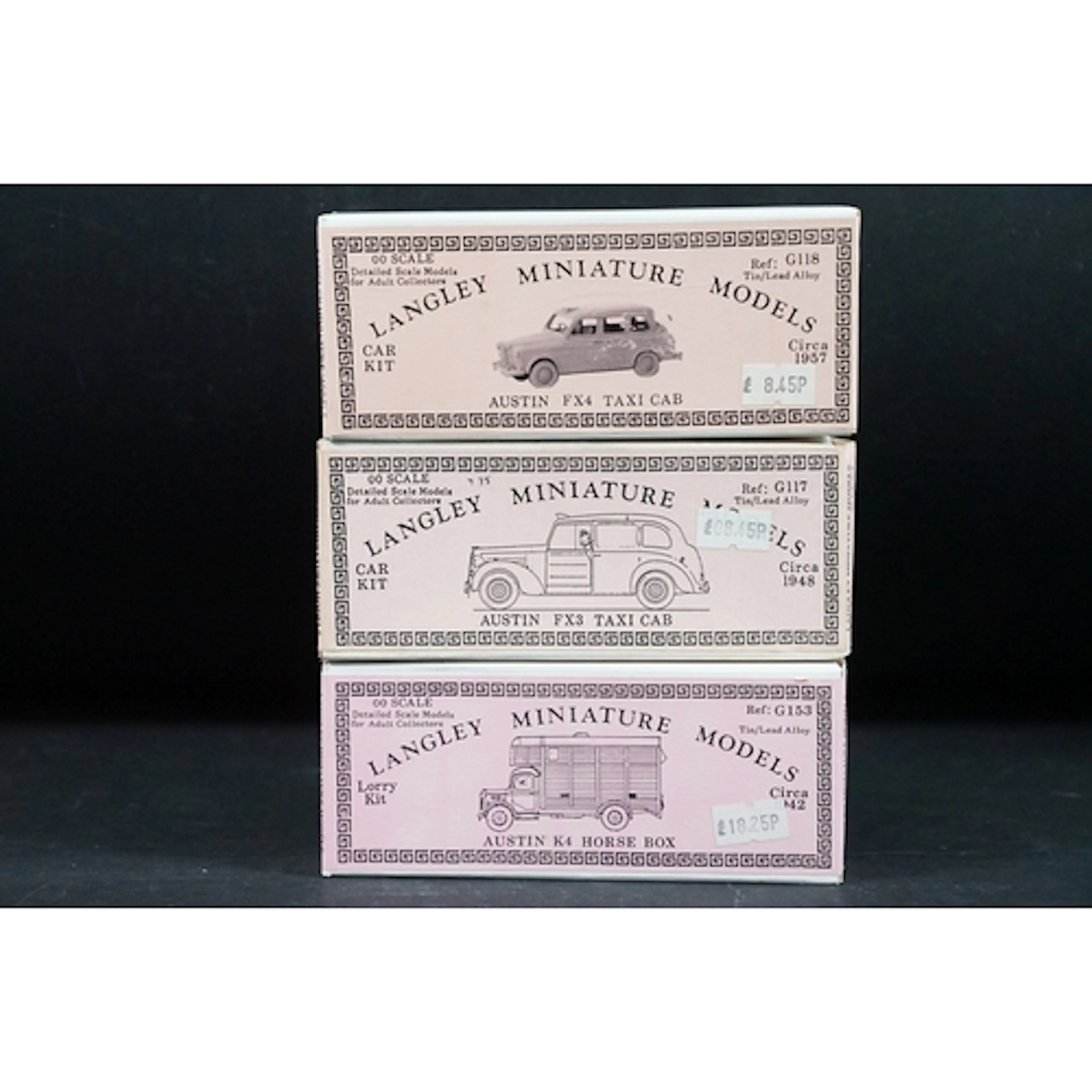 Three boxed Langley Miniature Models metal car kits to inclu...