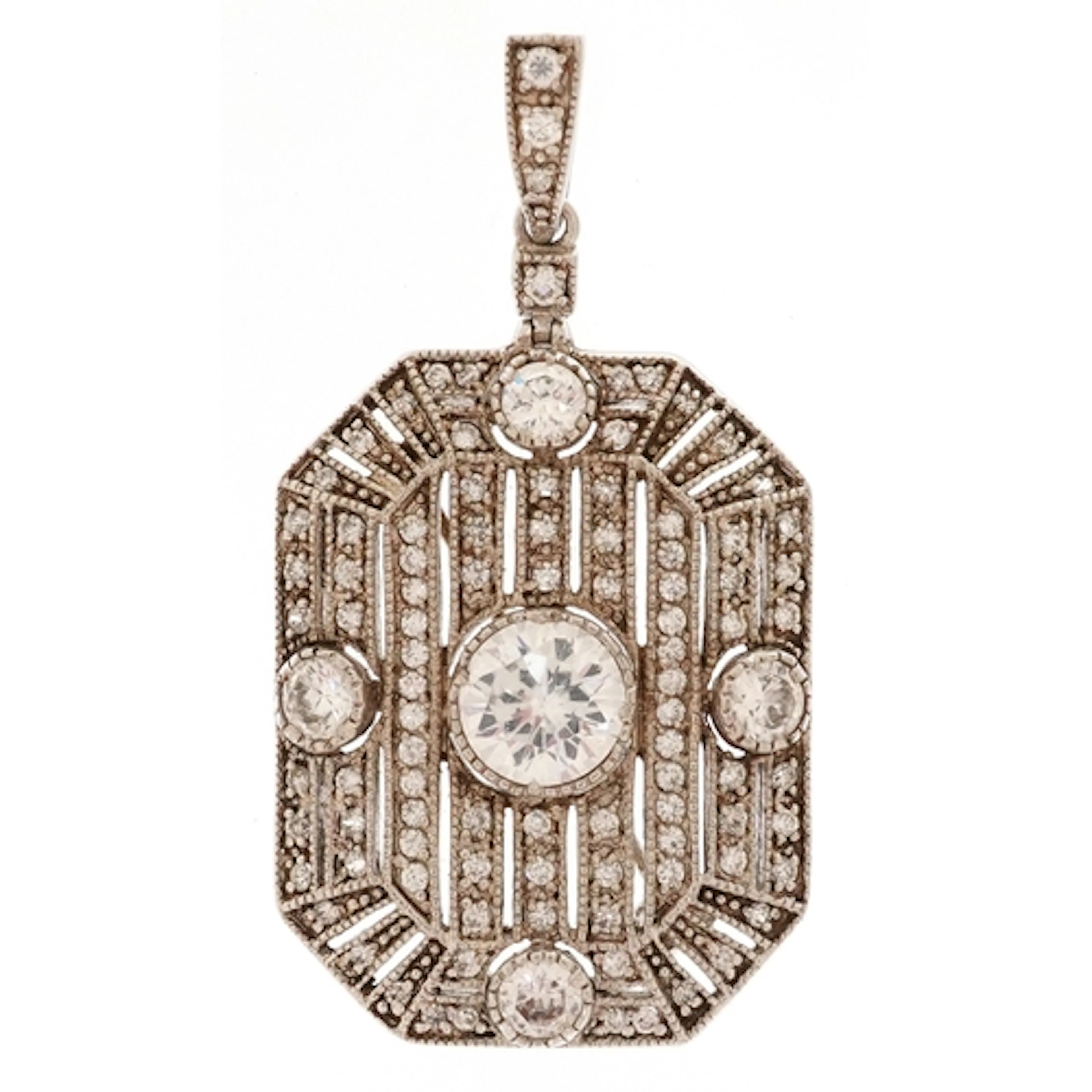 Art Deco style silver clear stone pendant brooch, 4.9cm high...