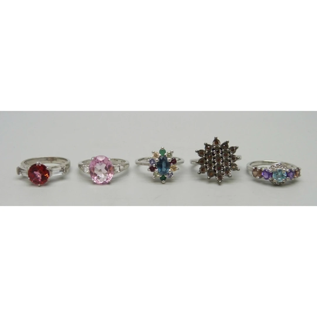 A collection of five silver TGGC and other gemstone rings, 1...