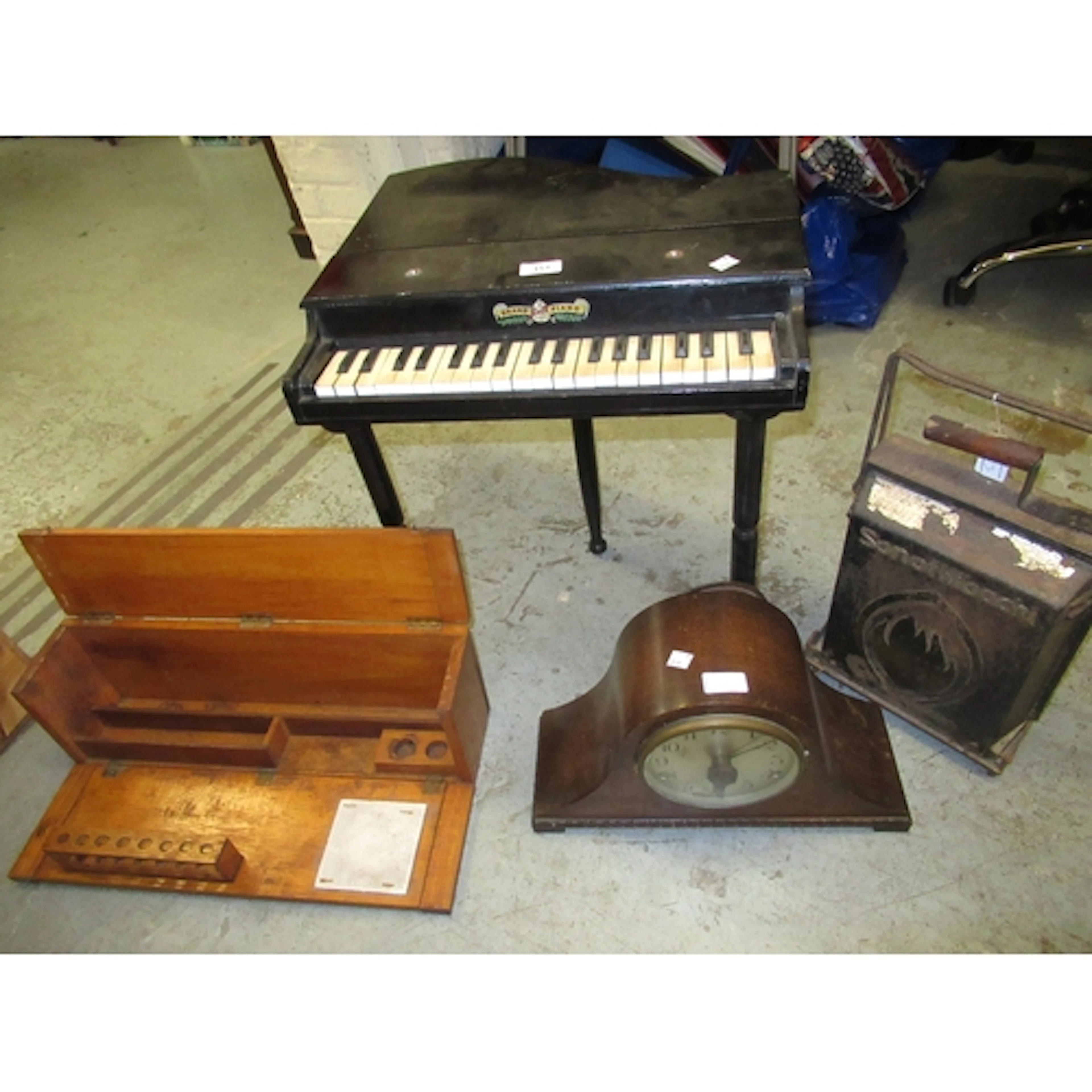Doll's Bell grand piano, an oak mantel clock, converted to a...