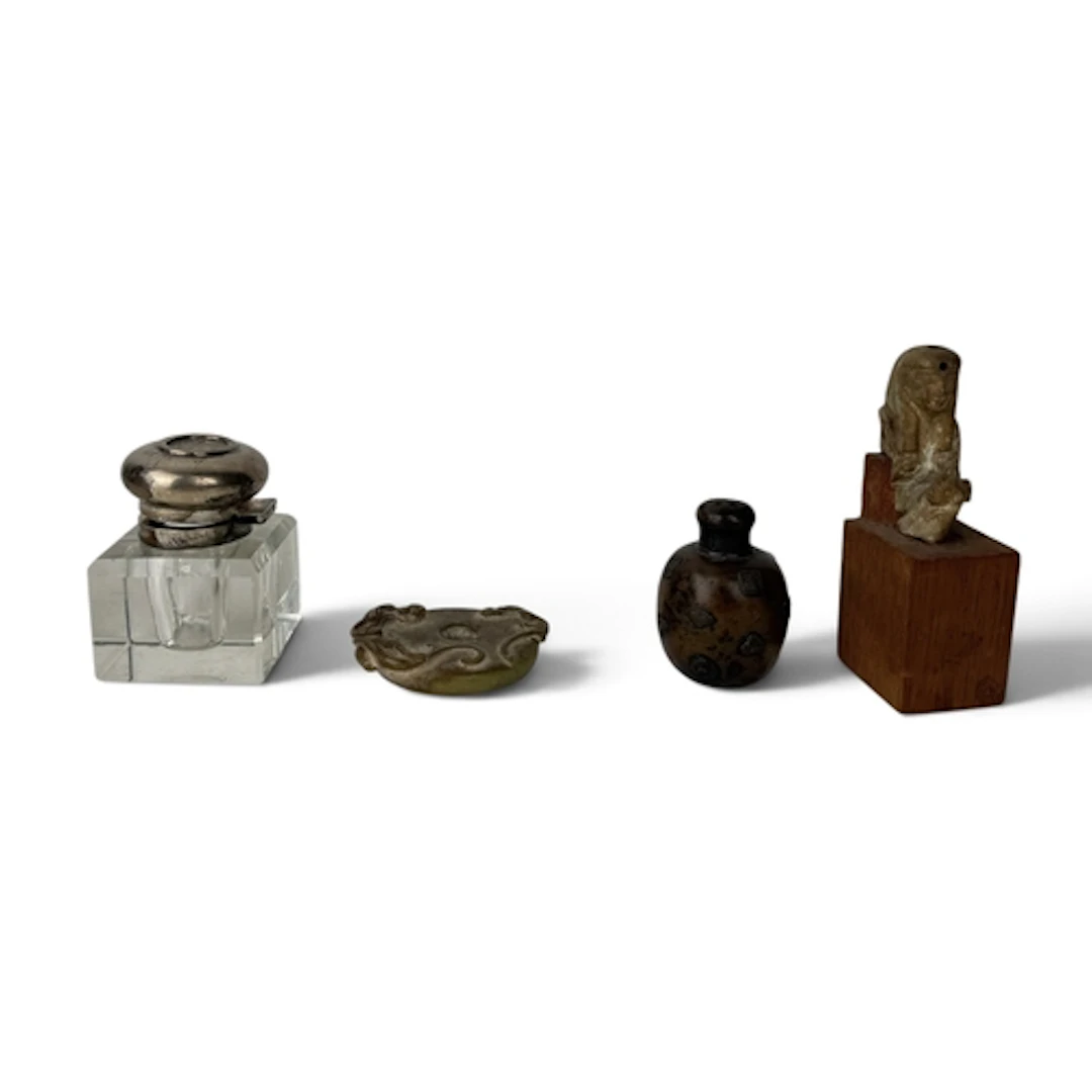A CHINESE JADE BAI WITH CARVED CHILONG Together with ancient...