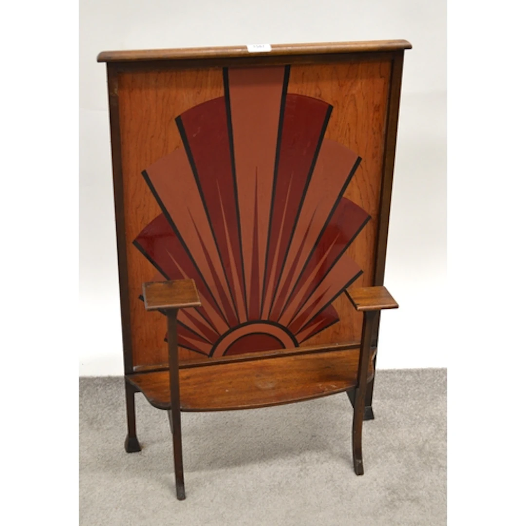 Arts & Crafts mahogany fire screen, with painted sun ray bac...
