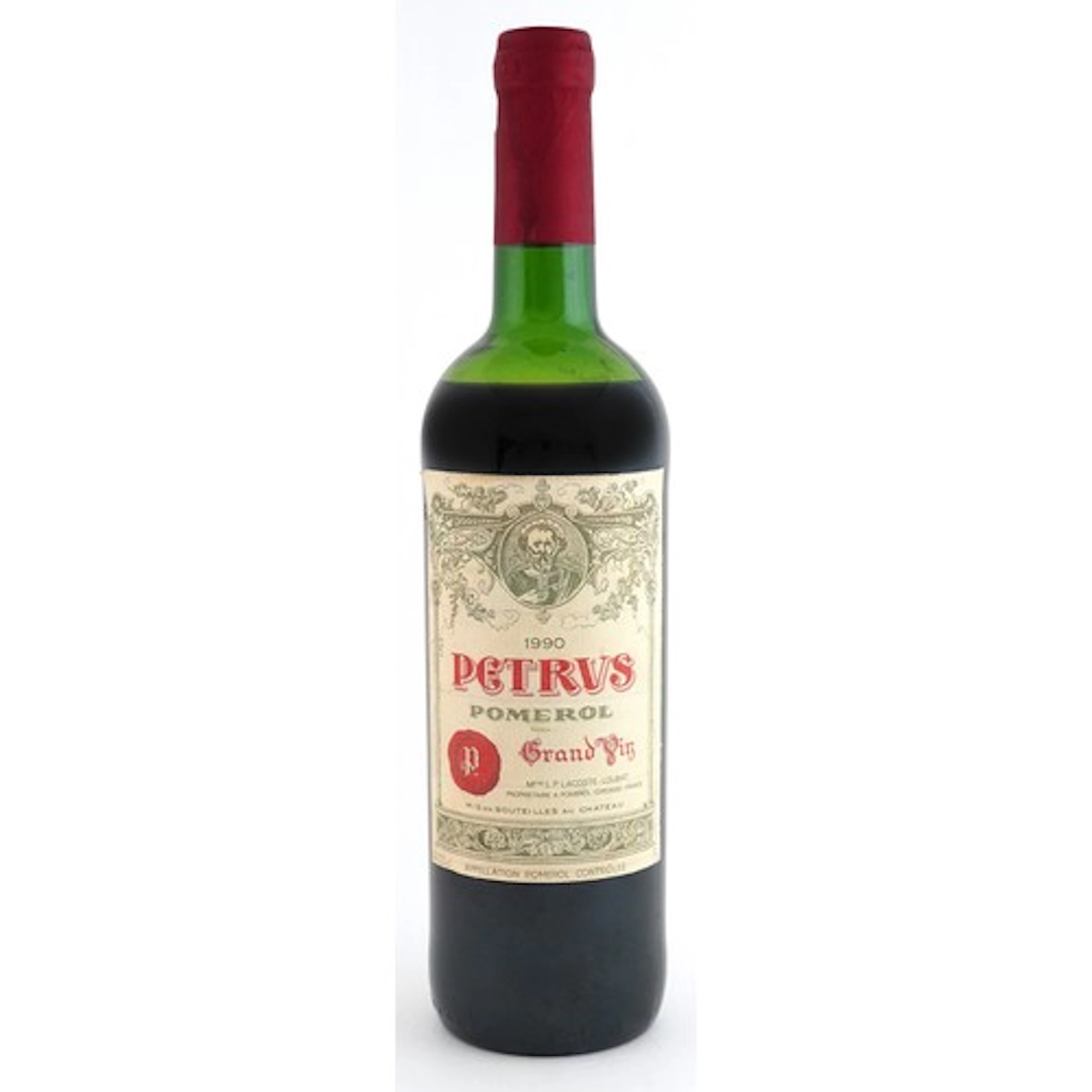 Bottle of 1990 Petrus Pomerol Grand Vin red wine.