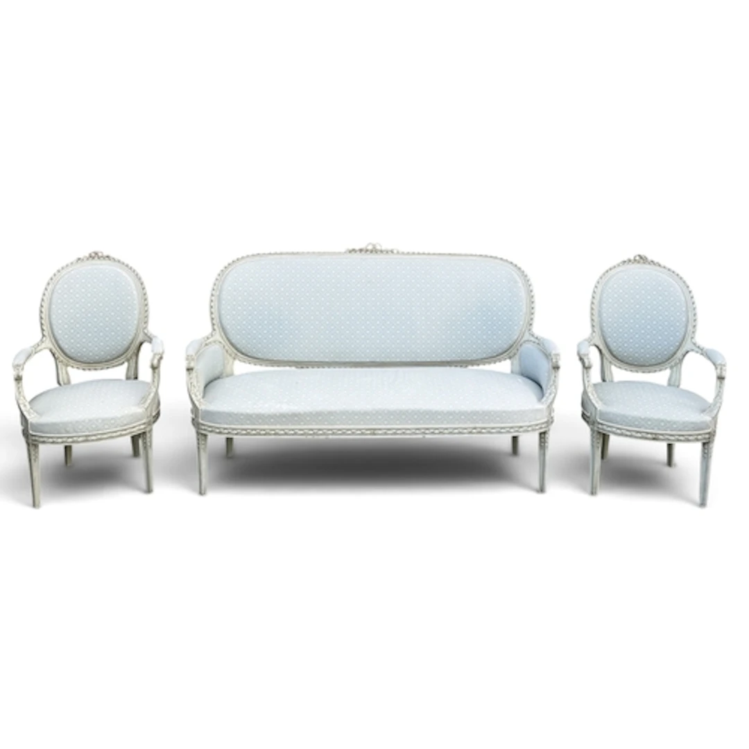 A REPRODUCTION LOUIS XVI STYLE SALON SUITE, COMPRISING, A PA...