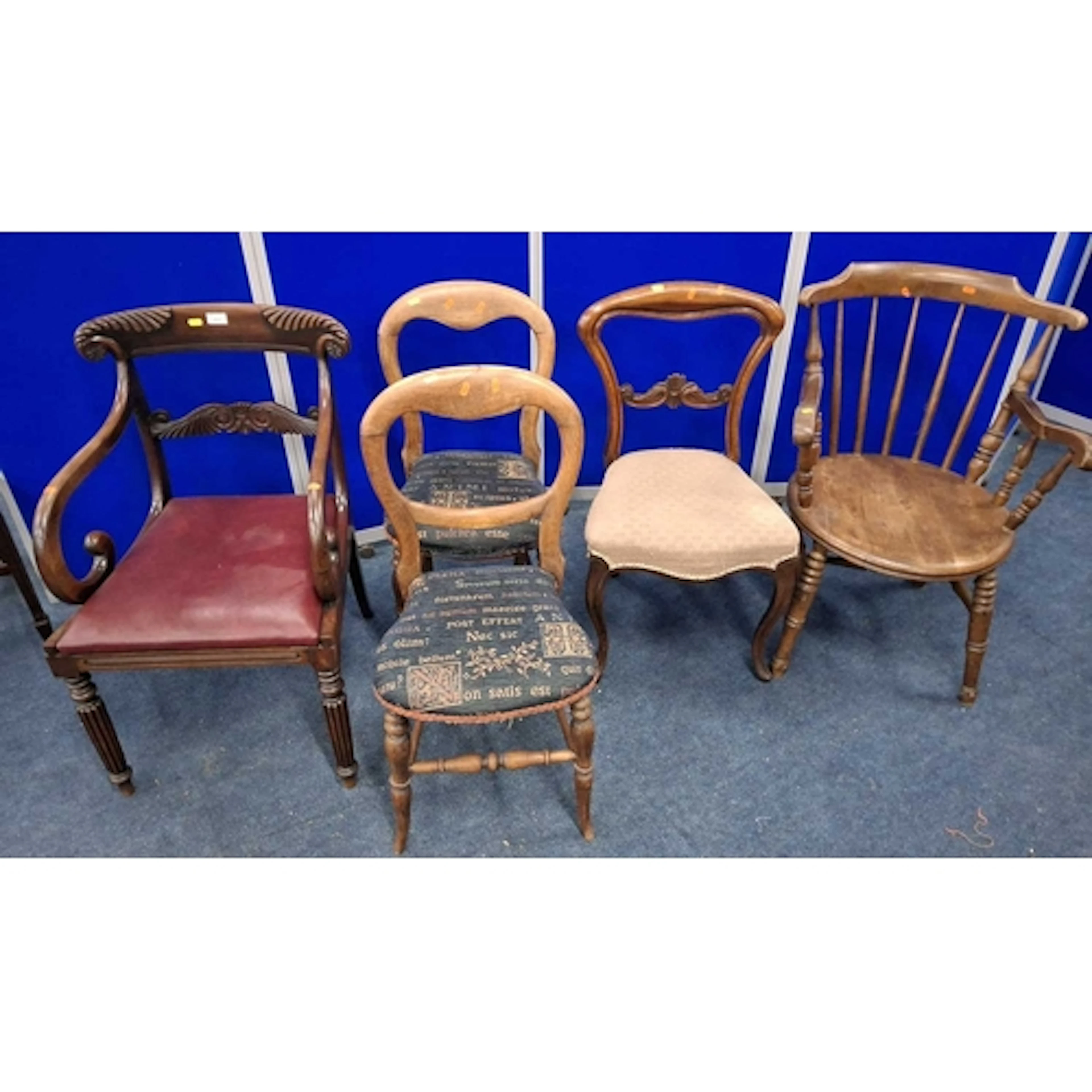 FIVE CHAIRS, varying in shape, size, timber, upholstery, per...