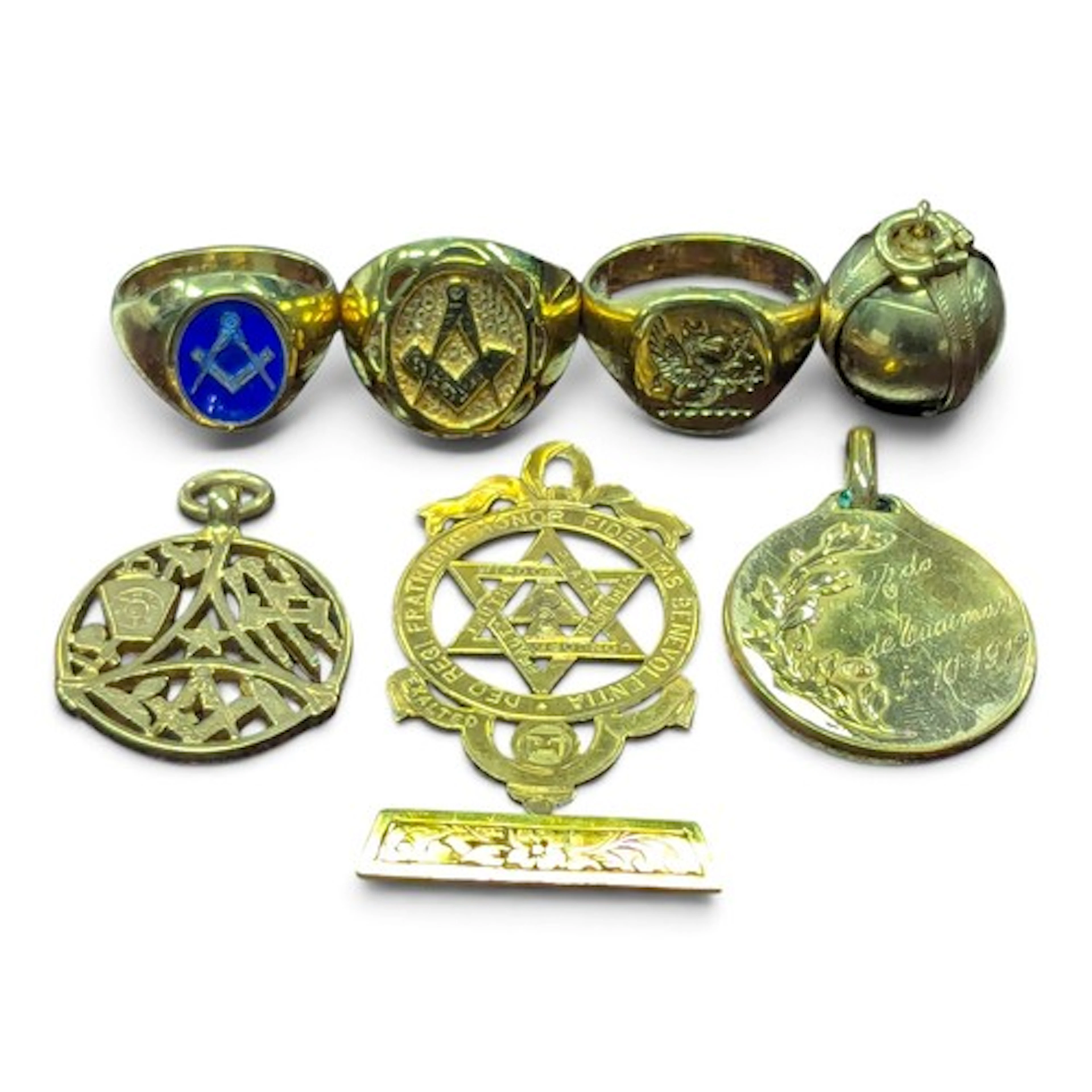 A 9ct gold masonic ball, other 9ct gold masonic jewellery, s...