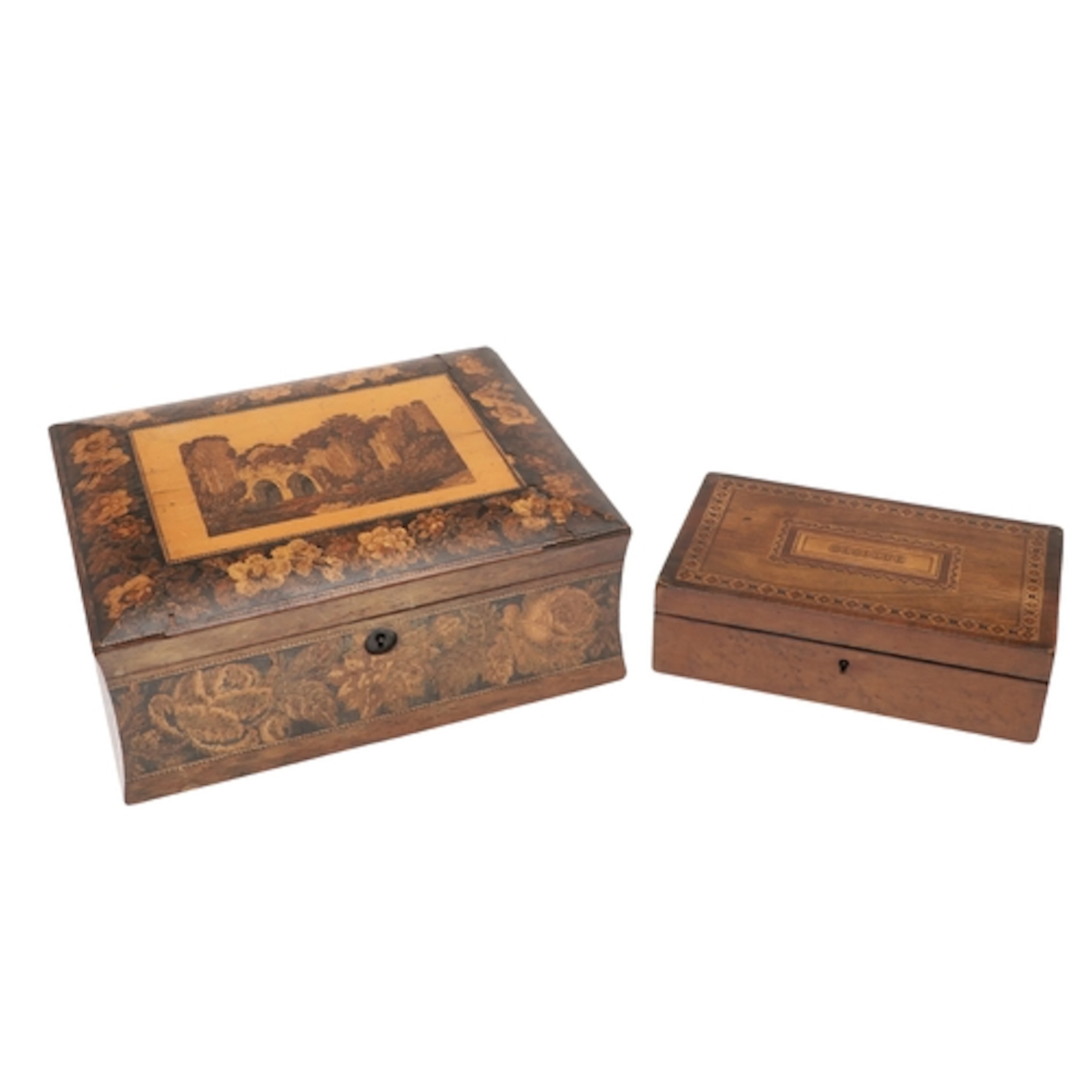 A VICTORIAN TUNBRIDGEWARE WORK BOX. of waisted rectangular f...