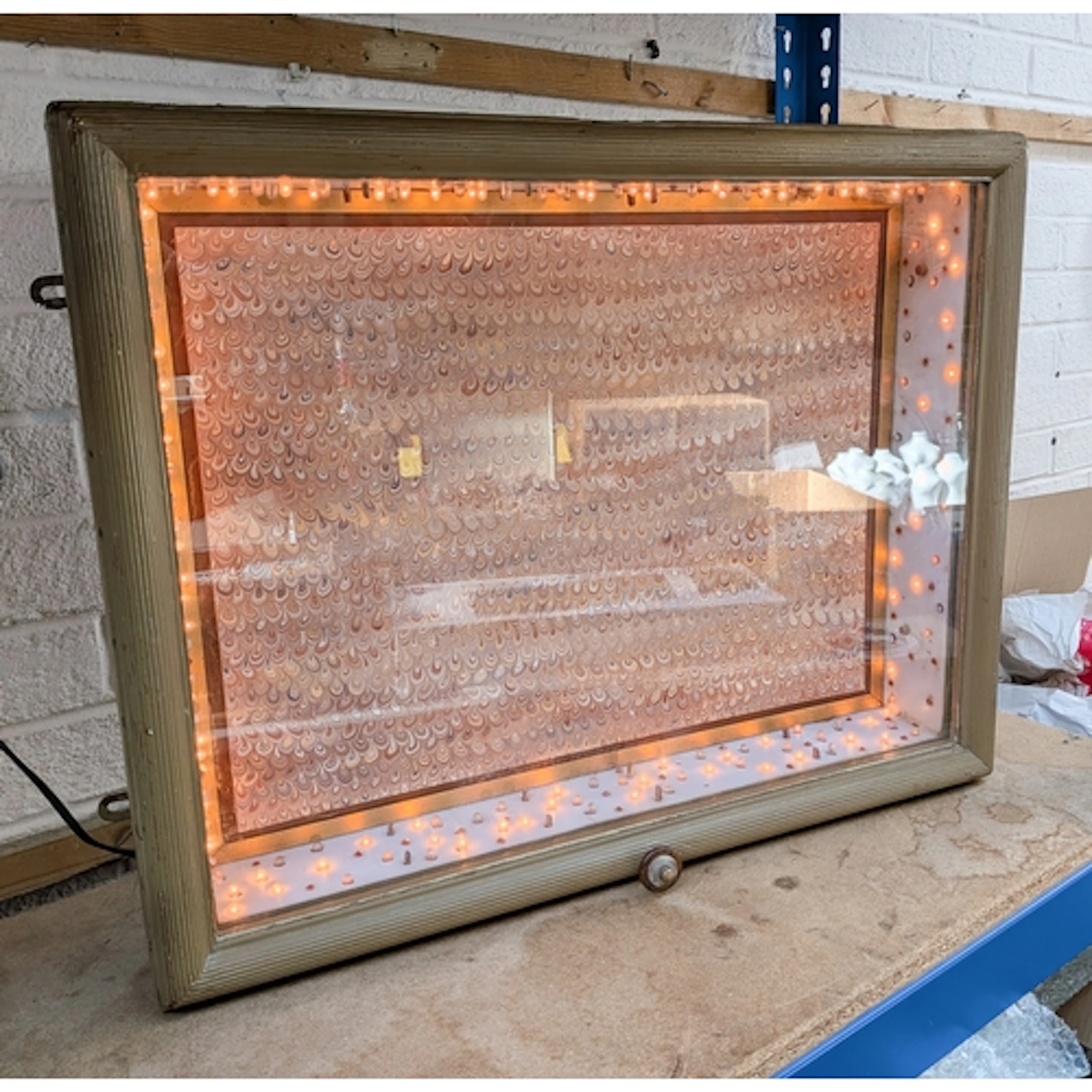 Large glazed illuminated wall mounting display cabinet