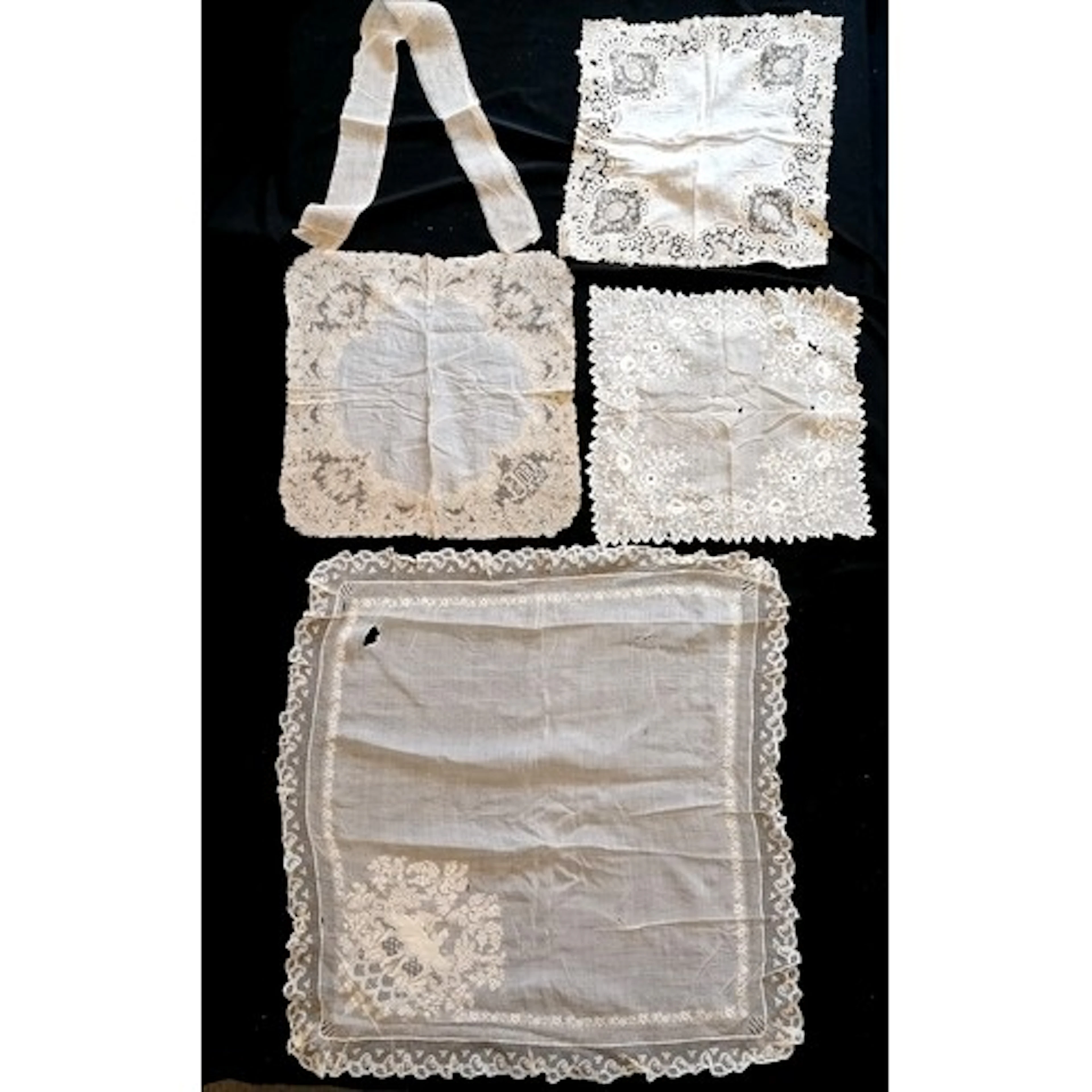 4 antique lace and cotton handkerchiefs largest with figural...