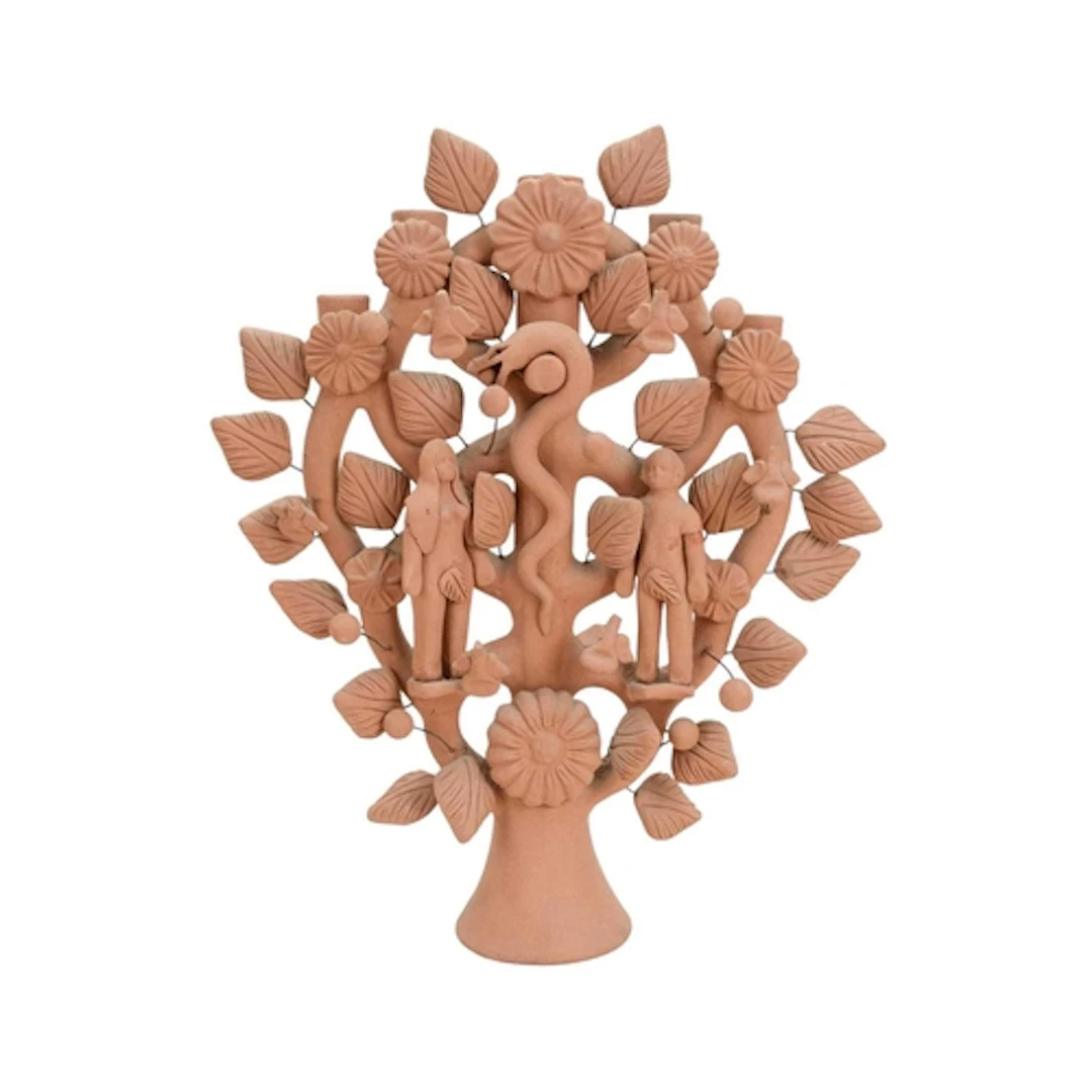 A Mexican terracotta tree of life candle holder. Depicting A...