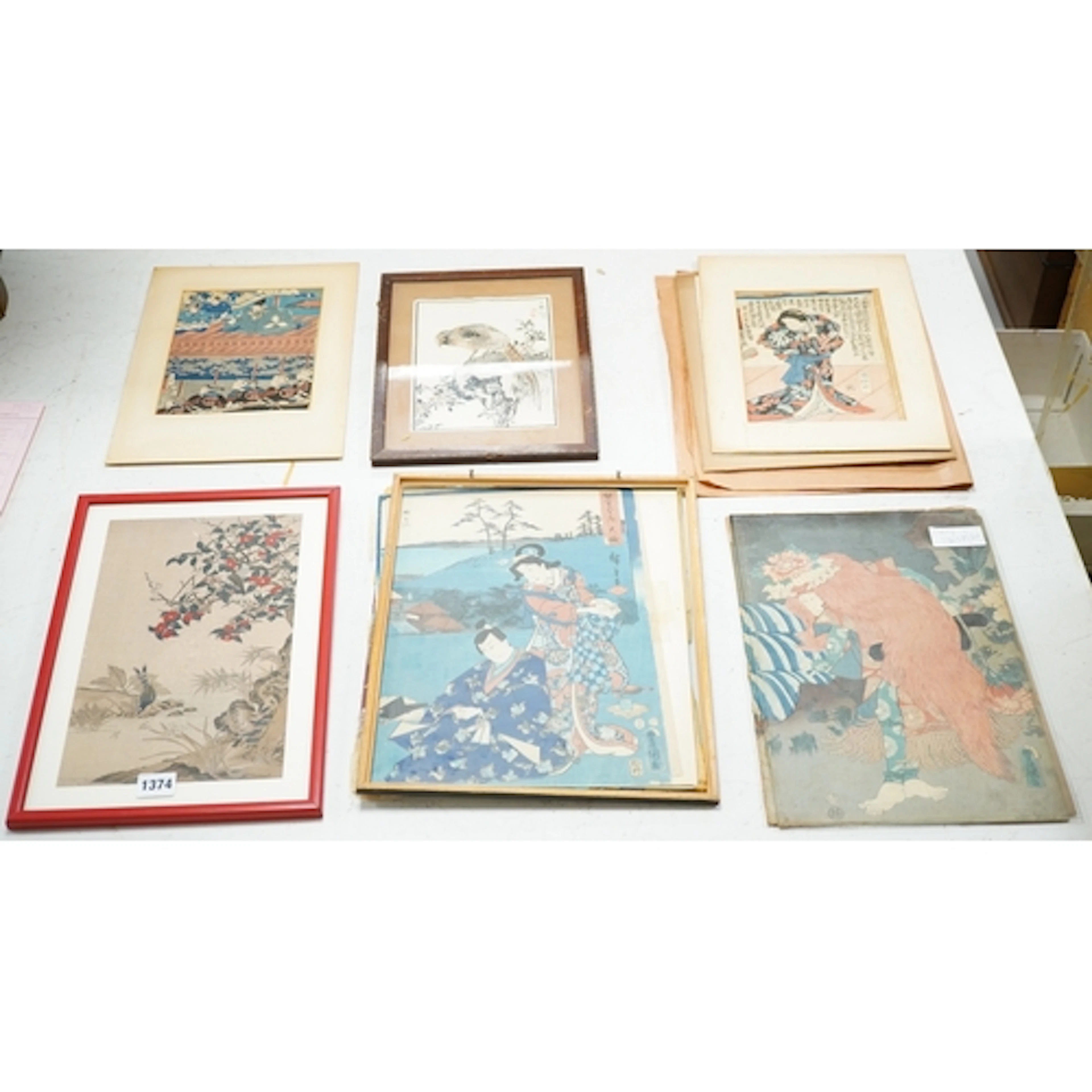 A collection of seven Japanese woodblock prints and one othe...
