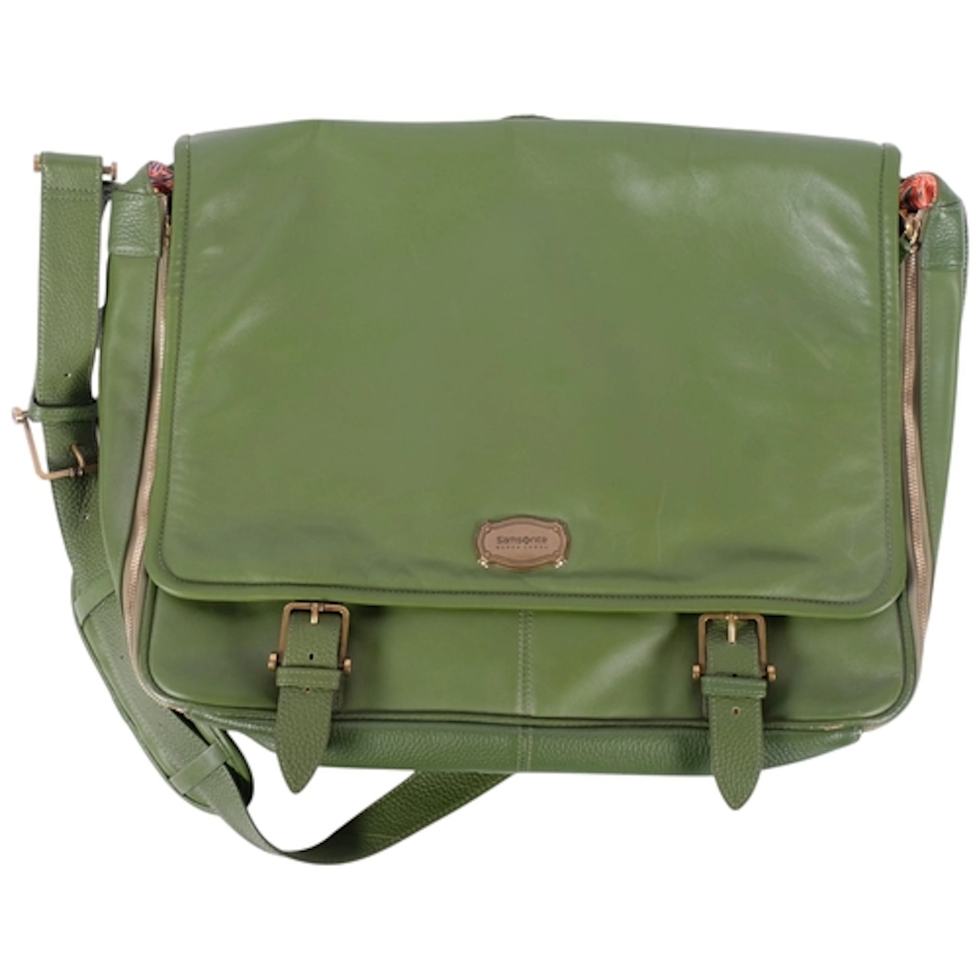 A Samsonite green leather weekend bag, with 2 other accessor...