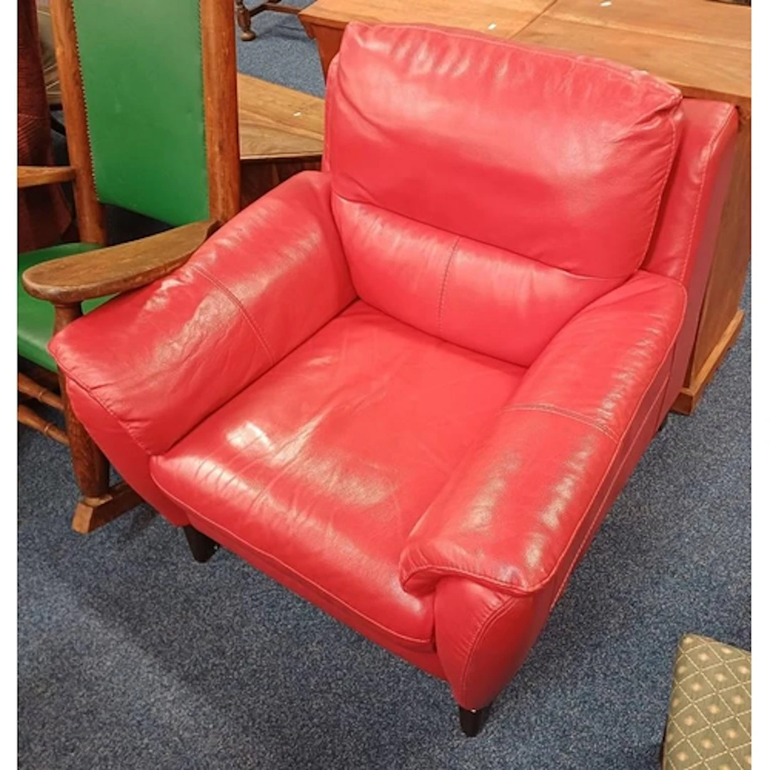 OVERSTUFFED RED LEATHER ARMCHAIR