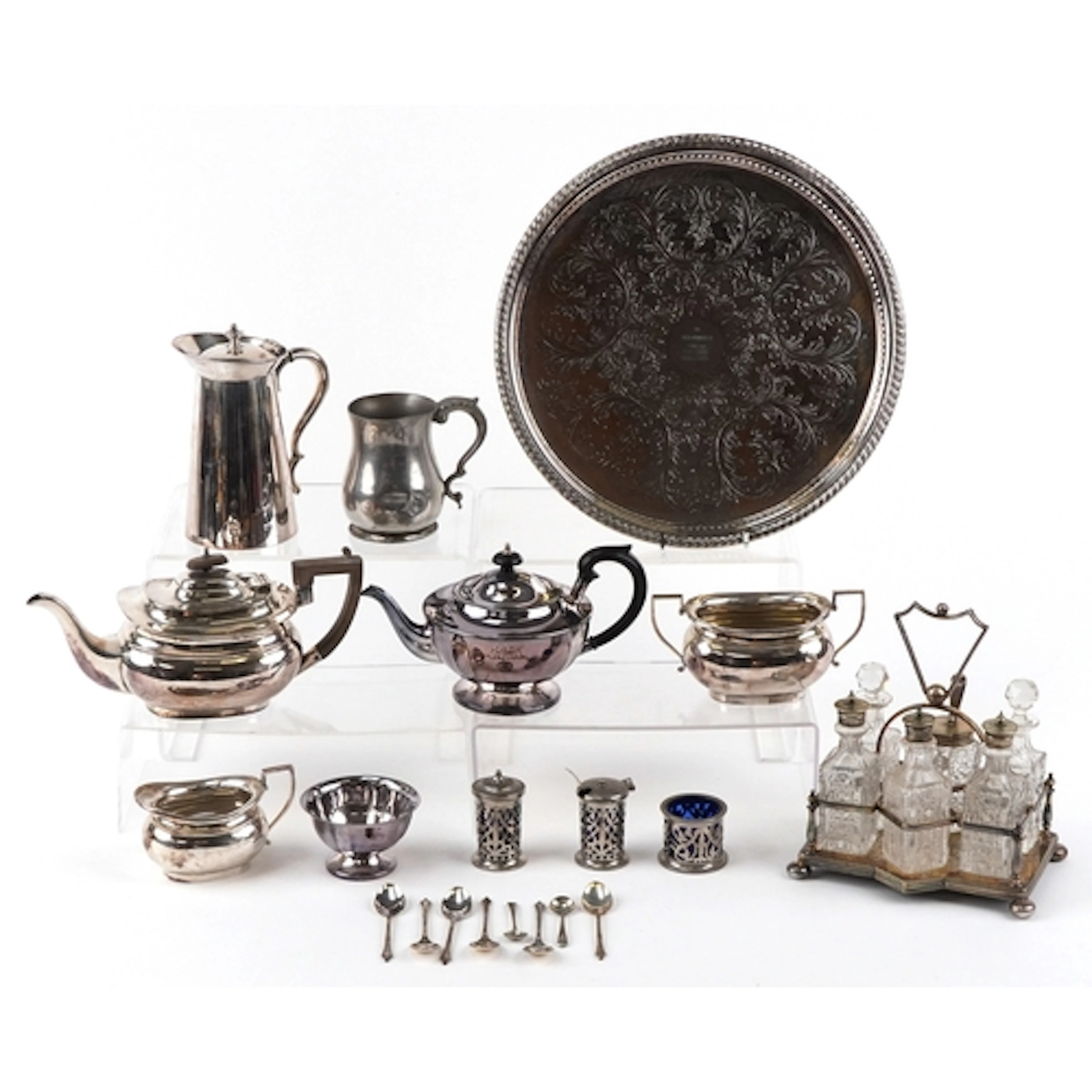 Antique and later silverplate including a six bottle cruet, ...
