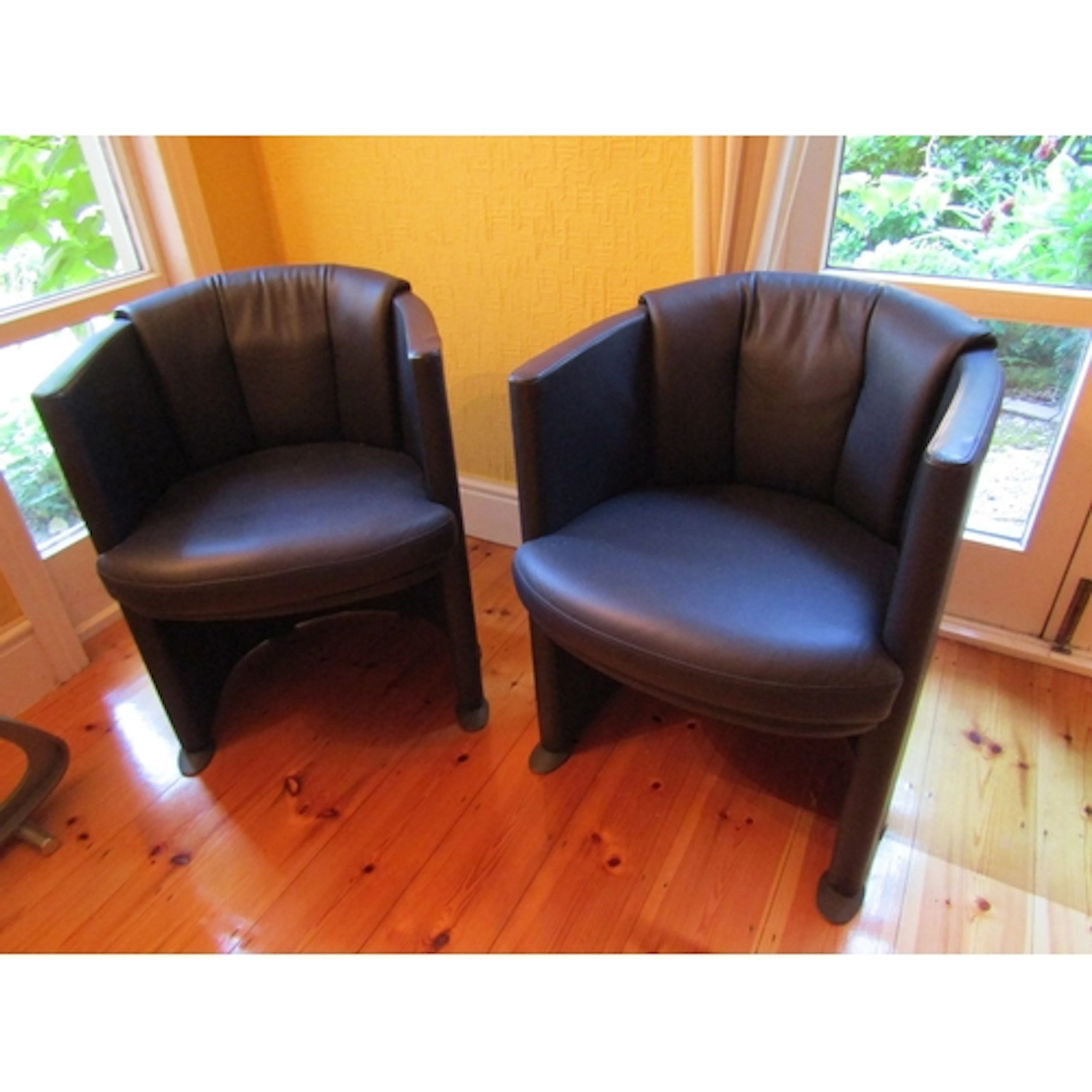 Pair of Modern Designer Navy Leather Upholstered Tub Armchai...