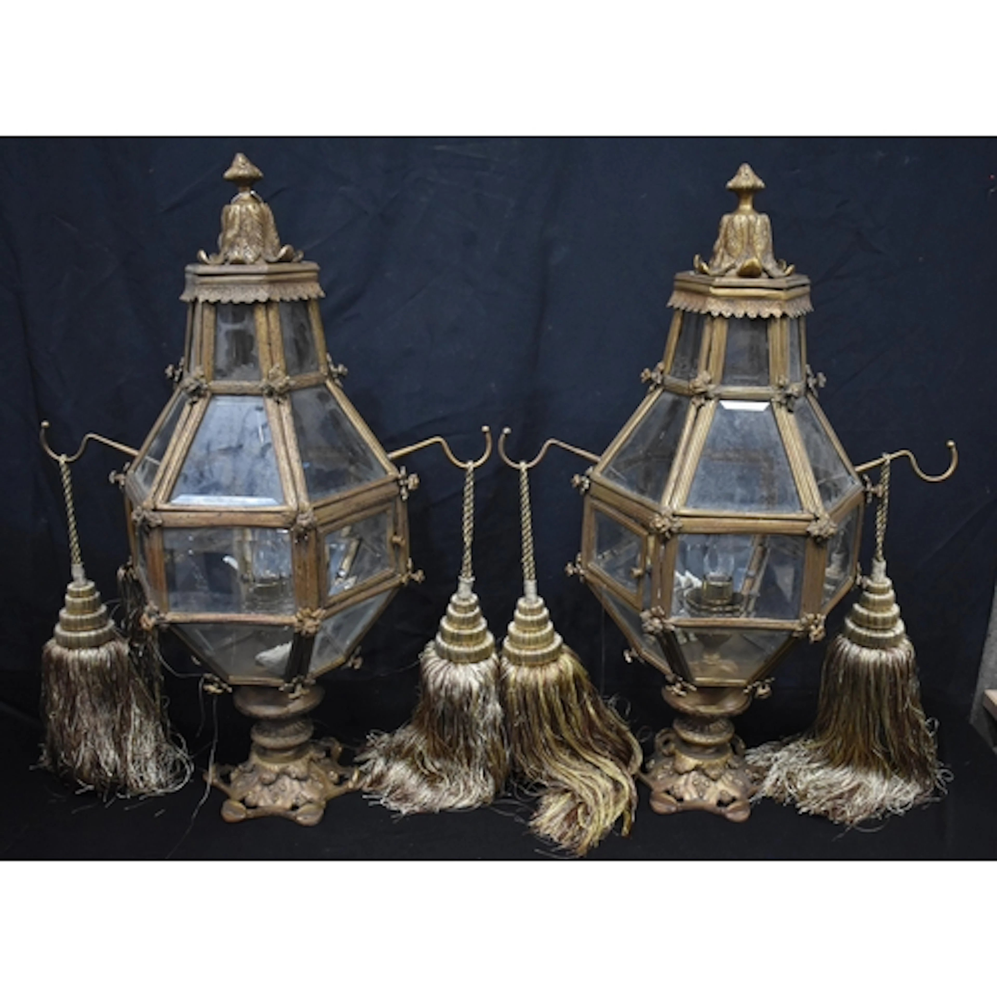 A PAIR OF GILT METAL AND BEVELLED GLASS VERSAILLES LANTERNS ...