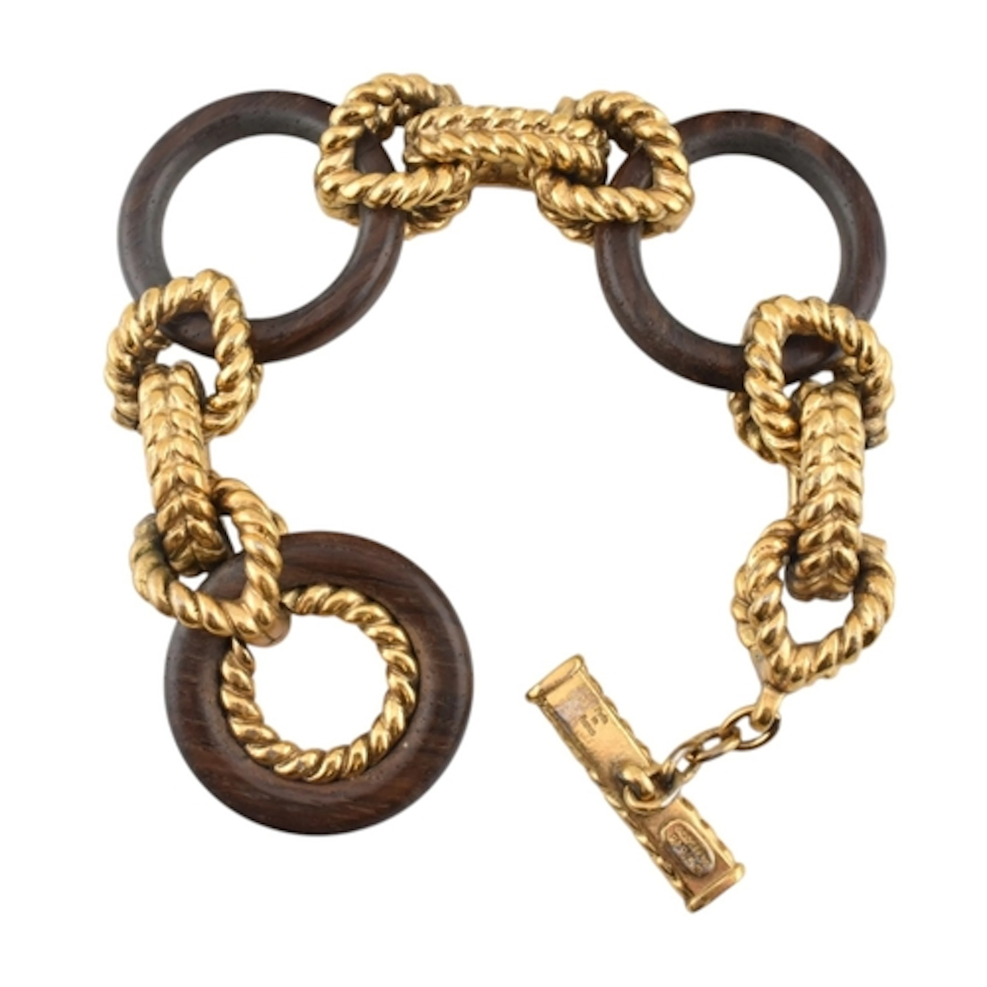 French Robert Goossens gold tone and wood bracelet. Chunky g...