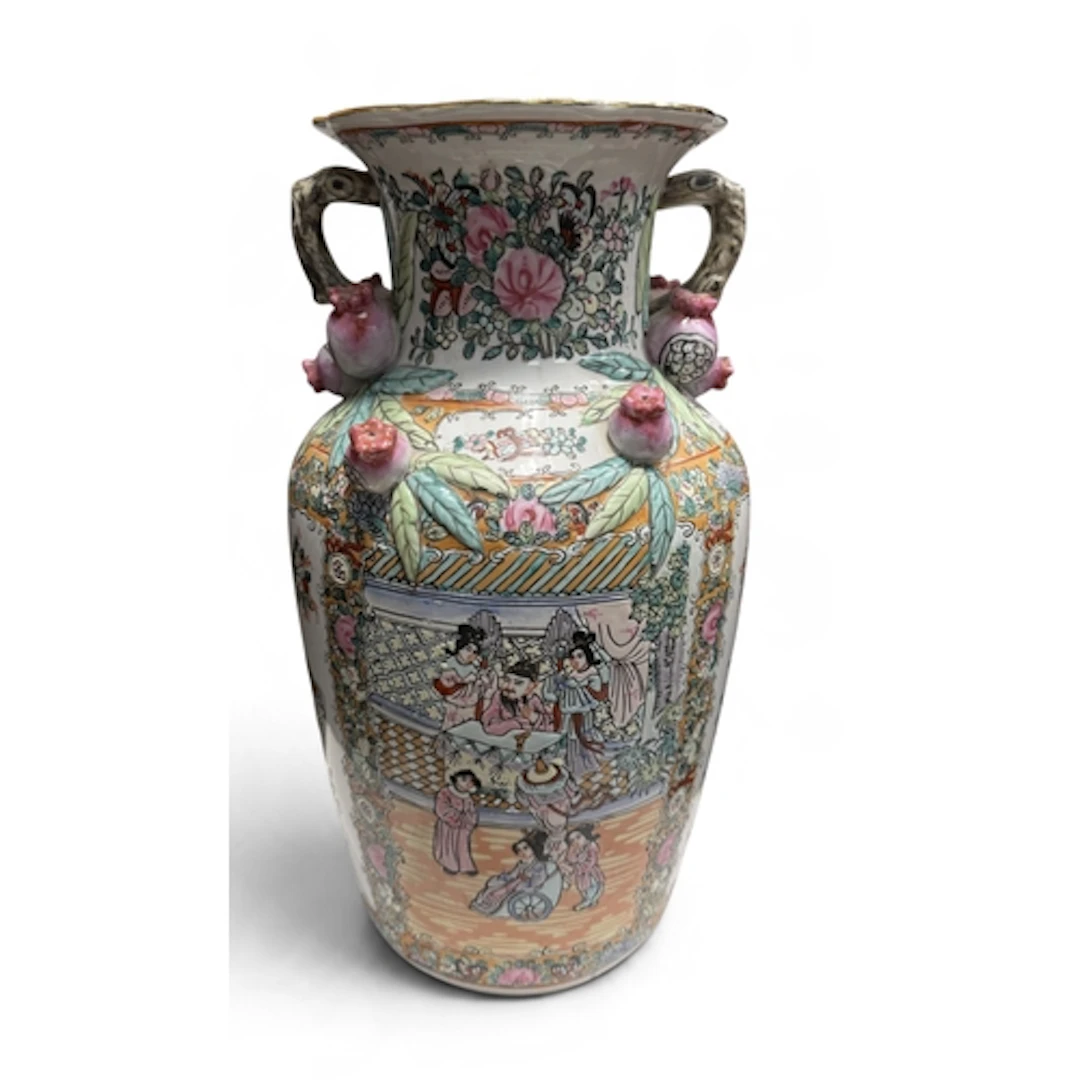 A CHINESE POLYCHROME PAINTED VASE WITH APPLIED POMEGRANATES ...